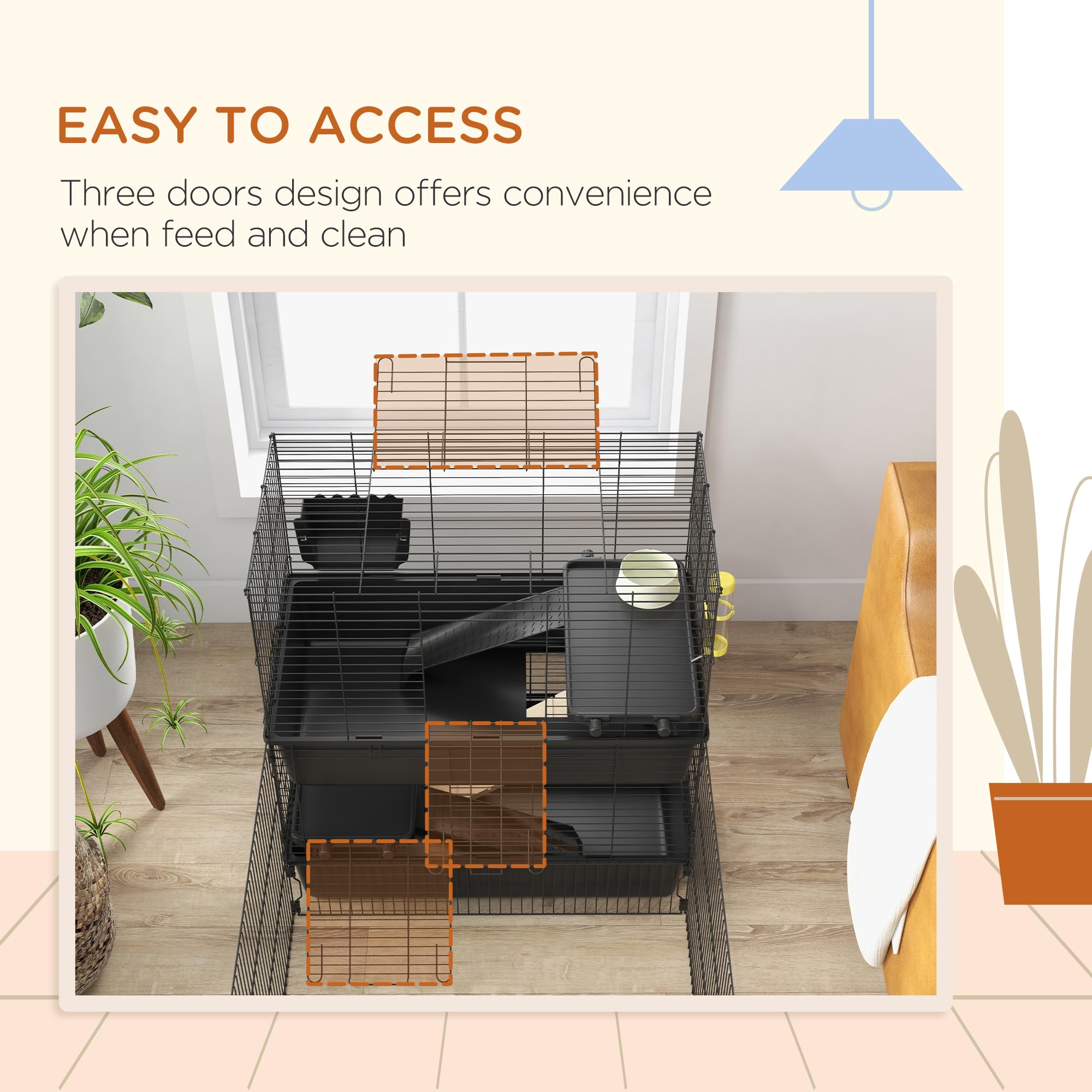 PawHut Small Animal Cage with Playpen - Multi-Level Indoor Pet Habitat for Guinea Pigs, Hedgehogs, Rabbits | Includes Water Bottle, Food Dish, Feeding Trough | Perfect for Small Pet Playtime & Safe Indoor Housing