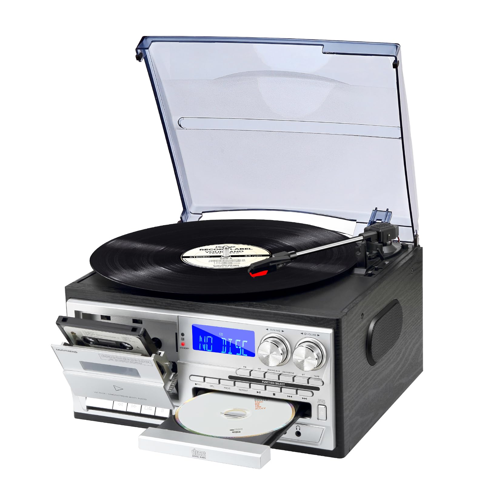 9-in-1 Bluetooth Record Player with External Speakers - 3-Speed Vinyl Turntable with CD/Cassette Player, AM/FM Radio, USB/SD/MMC Playback & Aux/RCA Output - Perfect for Home Entertainment, Vintage Music Lovers & Audio Enthusiasts