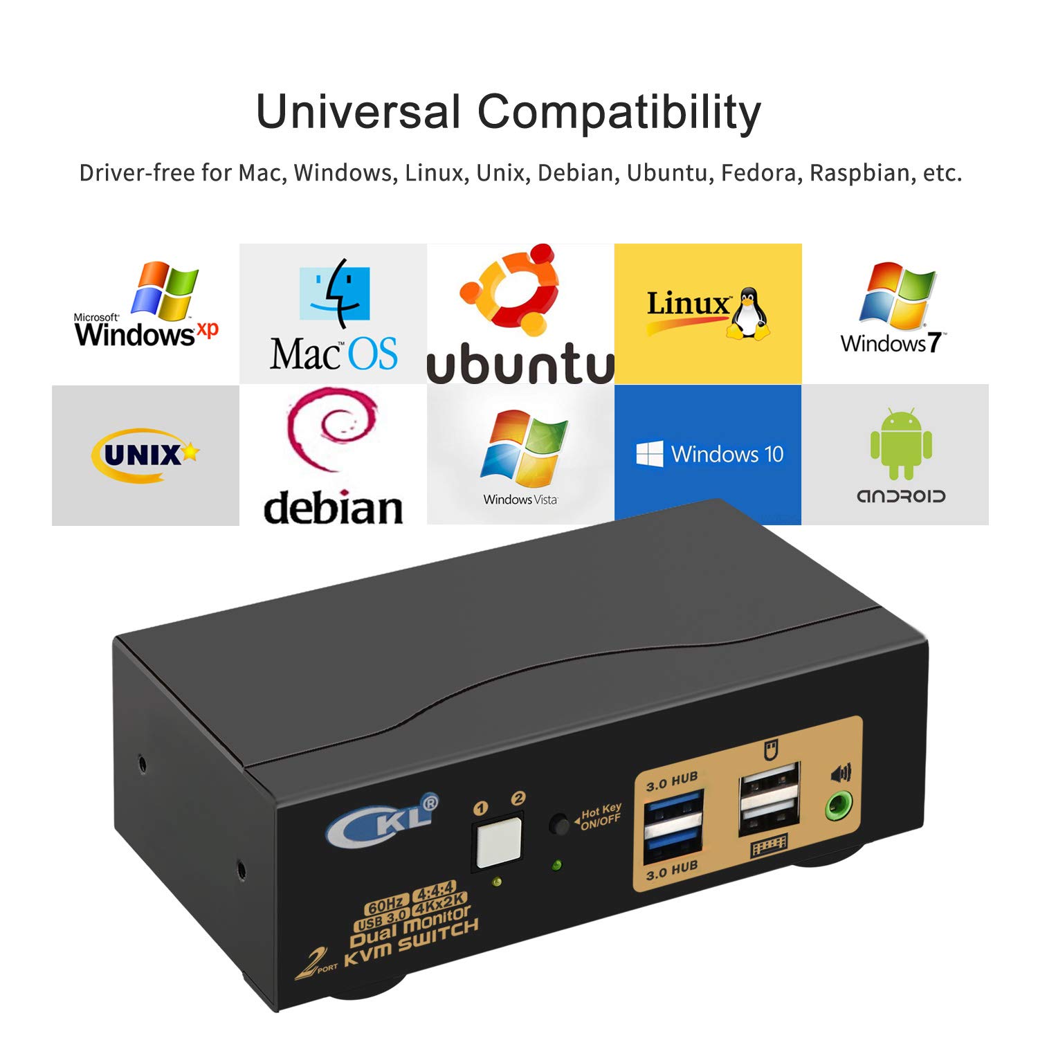 CKL USB 3.0 HDMI KVM Switch 2 Port - Dual Monitor 4K 60Hz Extended Display with Audio & Cables (922HUA-3) for Home Office, Gaming & Multi-Device Workspace Setup