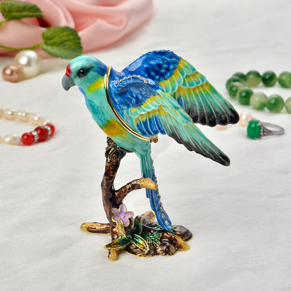 Exquisite Golden Crystal Enameled Parrot Jewelry Box - Hand-Painted Hinged Bird Trinket Case | Elegant Home Decor & Unique Gift for Bird Lovers | Perfect for Jewelry Storage, Display & Special Occasion Gifting