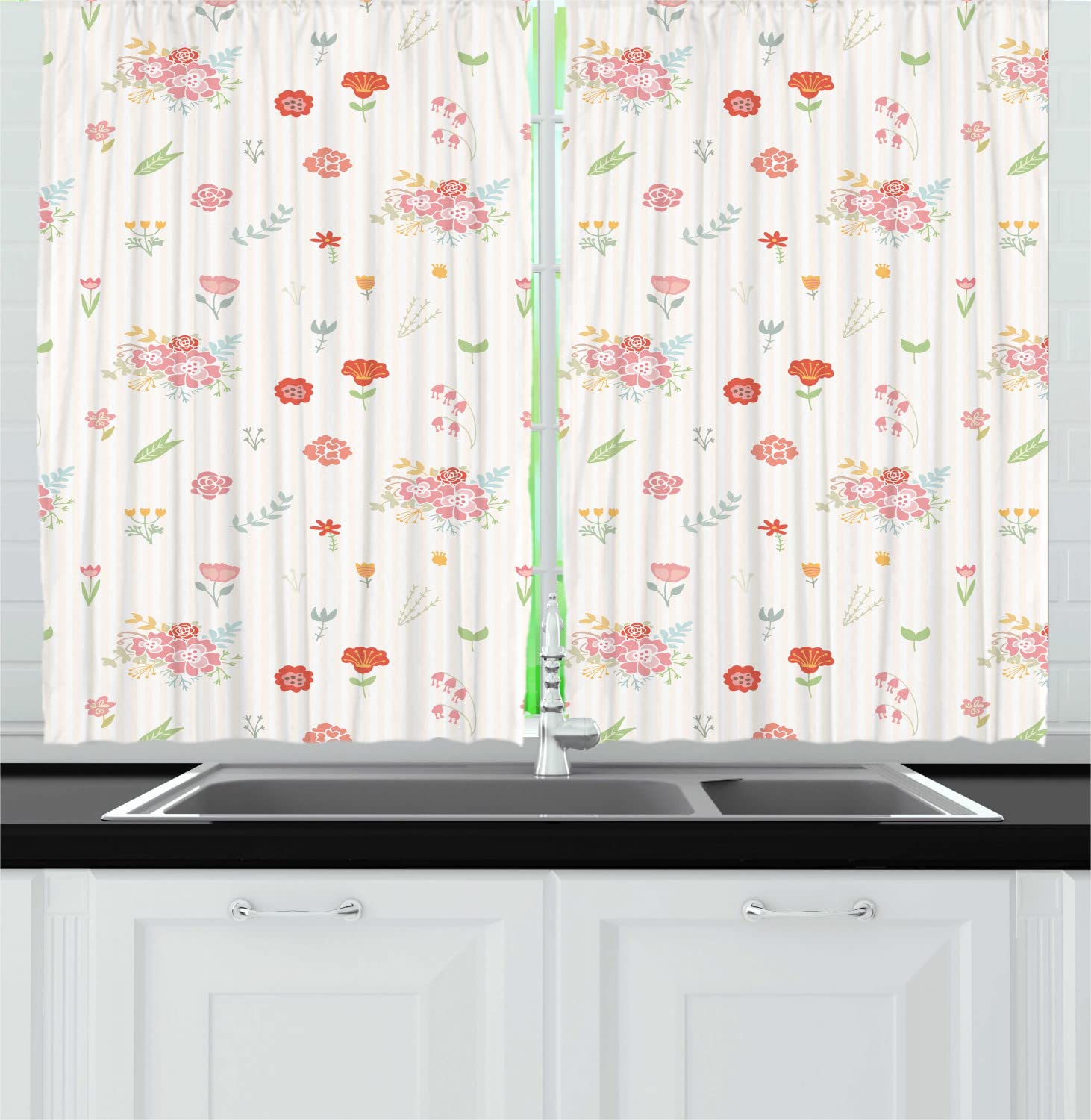Ambesonne Floral Long Kitchen Curtains - Pastel Striped Budding Flowers Design, 55