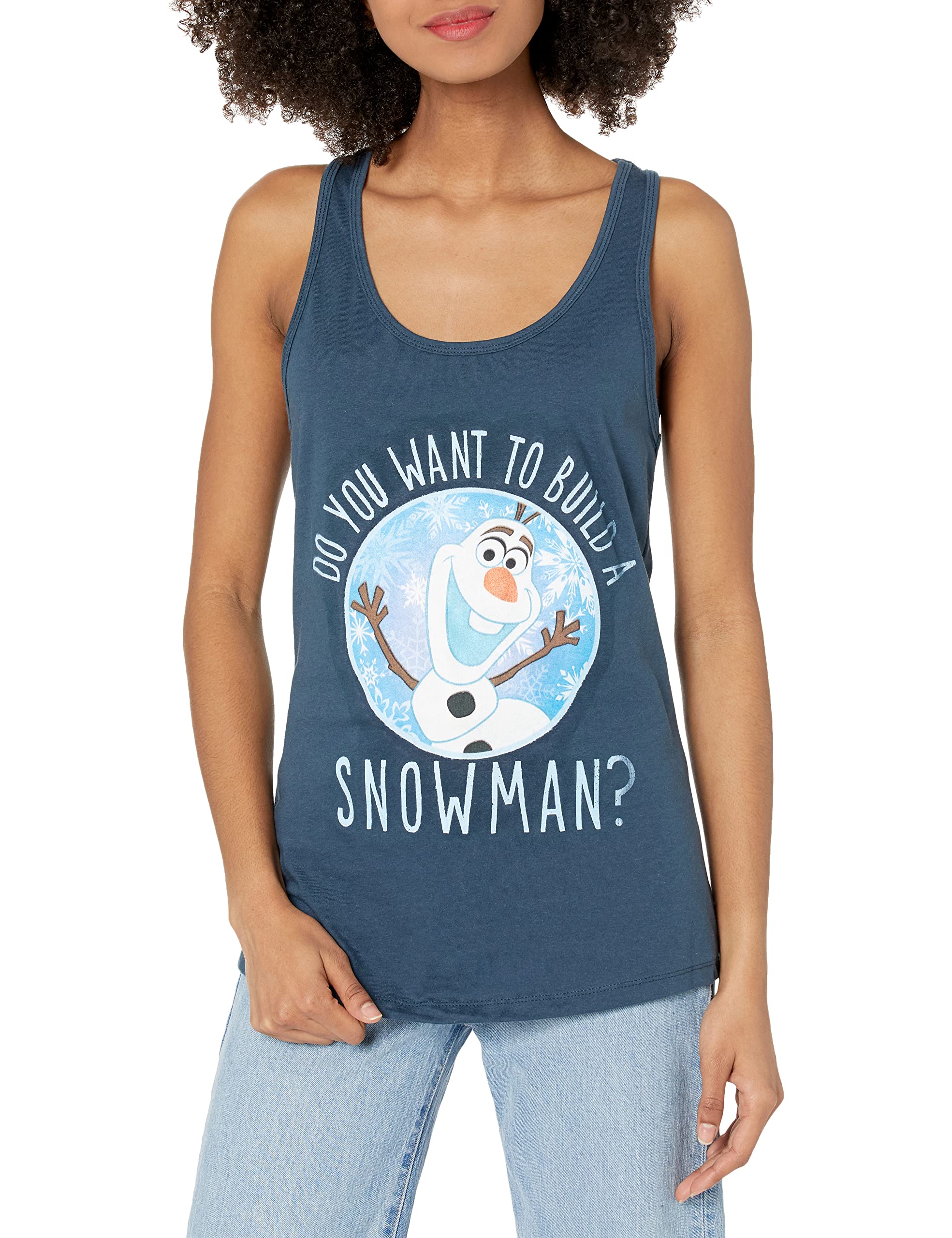 Women's Frozen Build a Snowman Slim Fit Scoop Neck Racerback Tank Top - Disney Inspired Casual Summer Tee for Theme Parks, Movie Nights & Christmas Parties