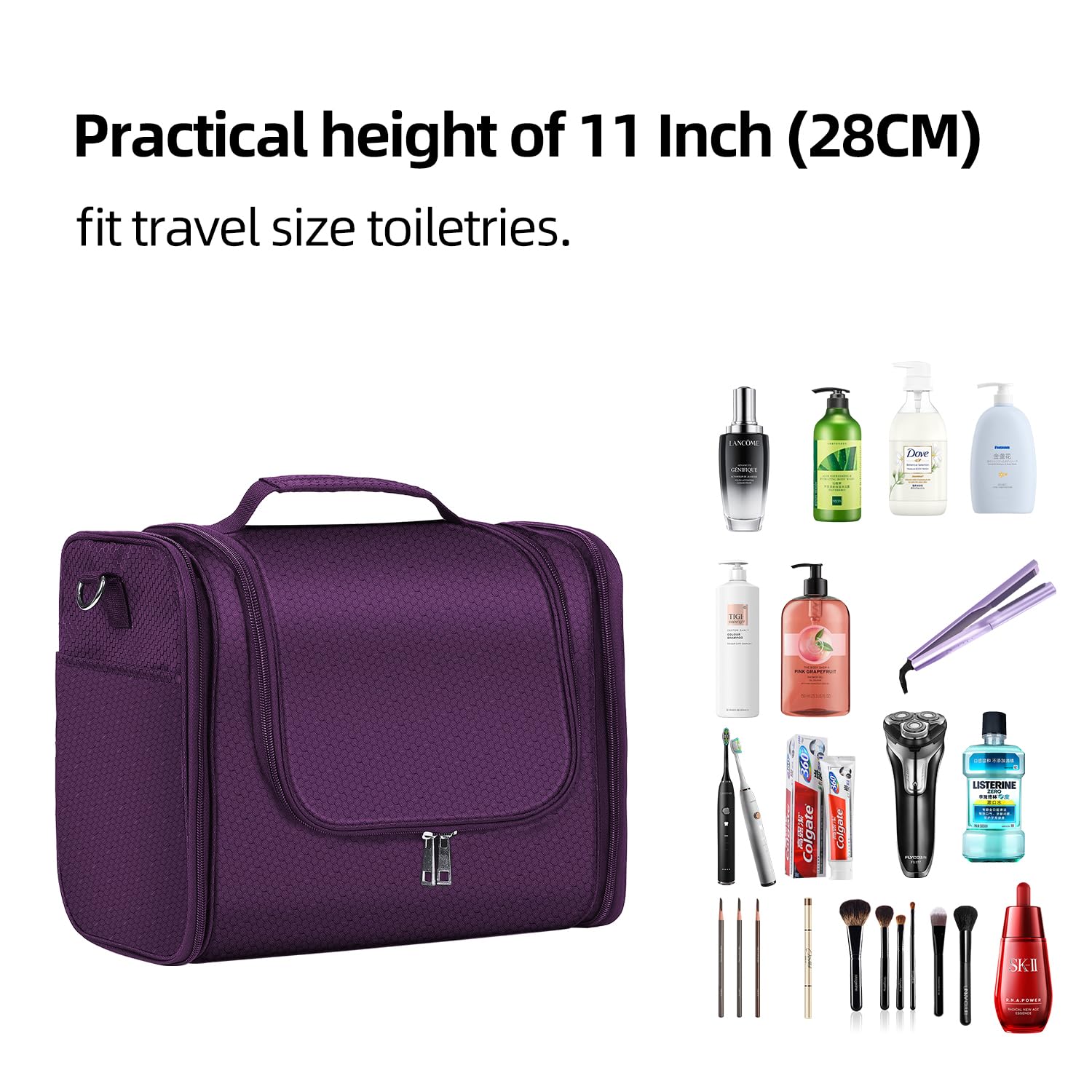 Buruis Large Hanging Toiletry Bag for Women & Men - Waterproof Cosmetic Organizer with Extra Capacity for Travel Essentials, Makeup, Full-Sized Toiletries (Purple) - Perfect for Air Travel, Camping & Gym Use