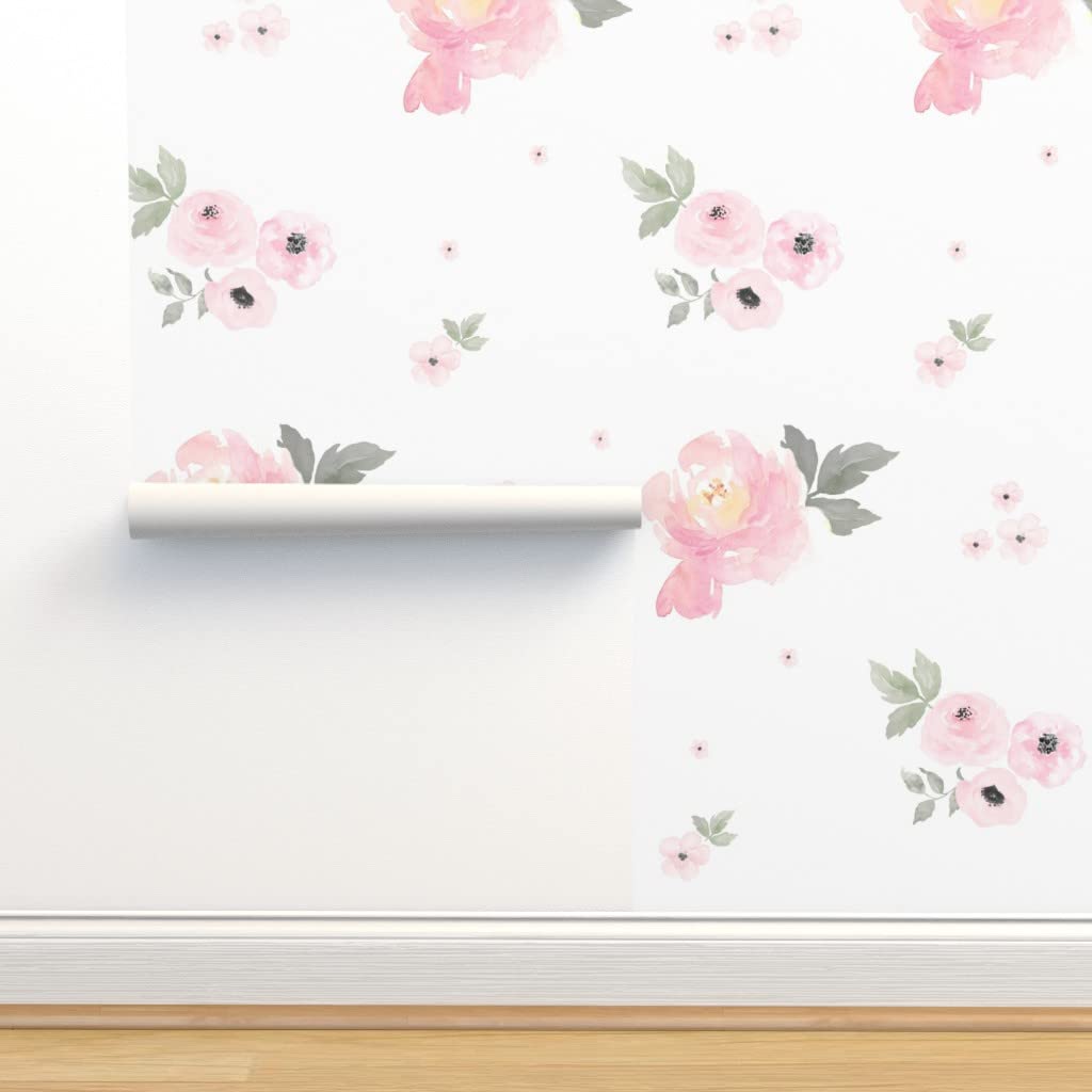 12ft x 2ft Removable Wallpaper - Sweet Blush Roses Watercolor Floral Design | Boho Chic & Shabby Style | Pre-Pasted Peel & Stick Wallpaper for Nursery, Bedroom, Living Room | Easy DIY Home Decor by Spoonflower