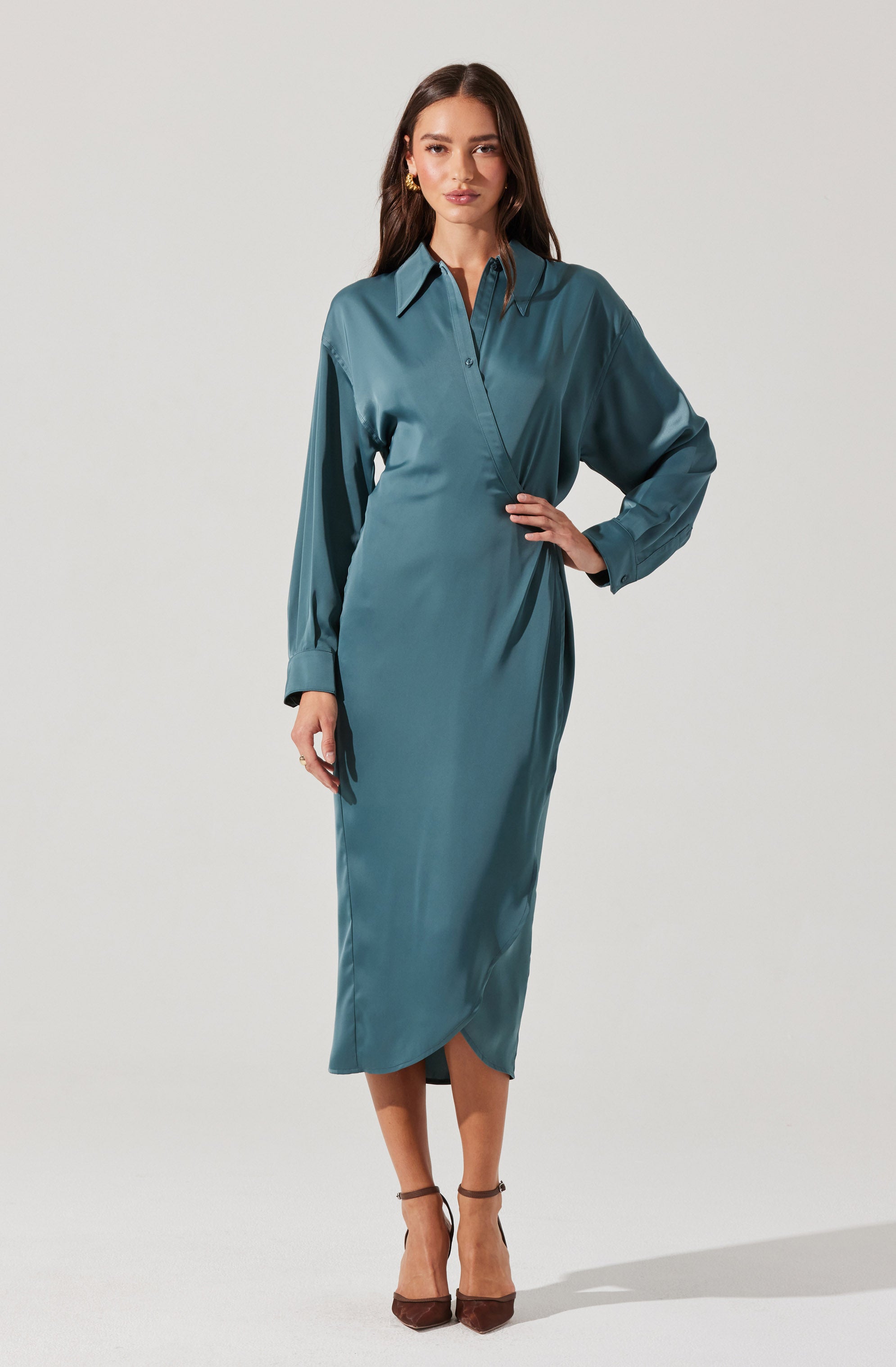 Elegant Ira Satin Wrap Shirt Dress for Women - Stylish Button Down Midi Dress with Belt - Perfect for Office, Date Night & Special Occasions
