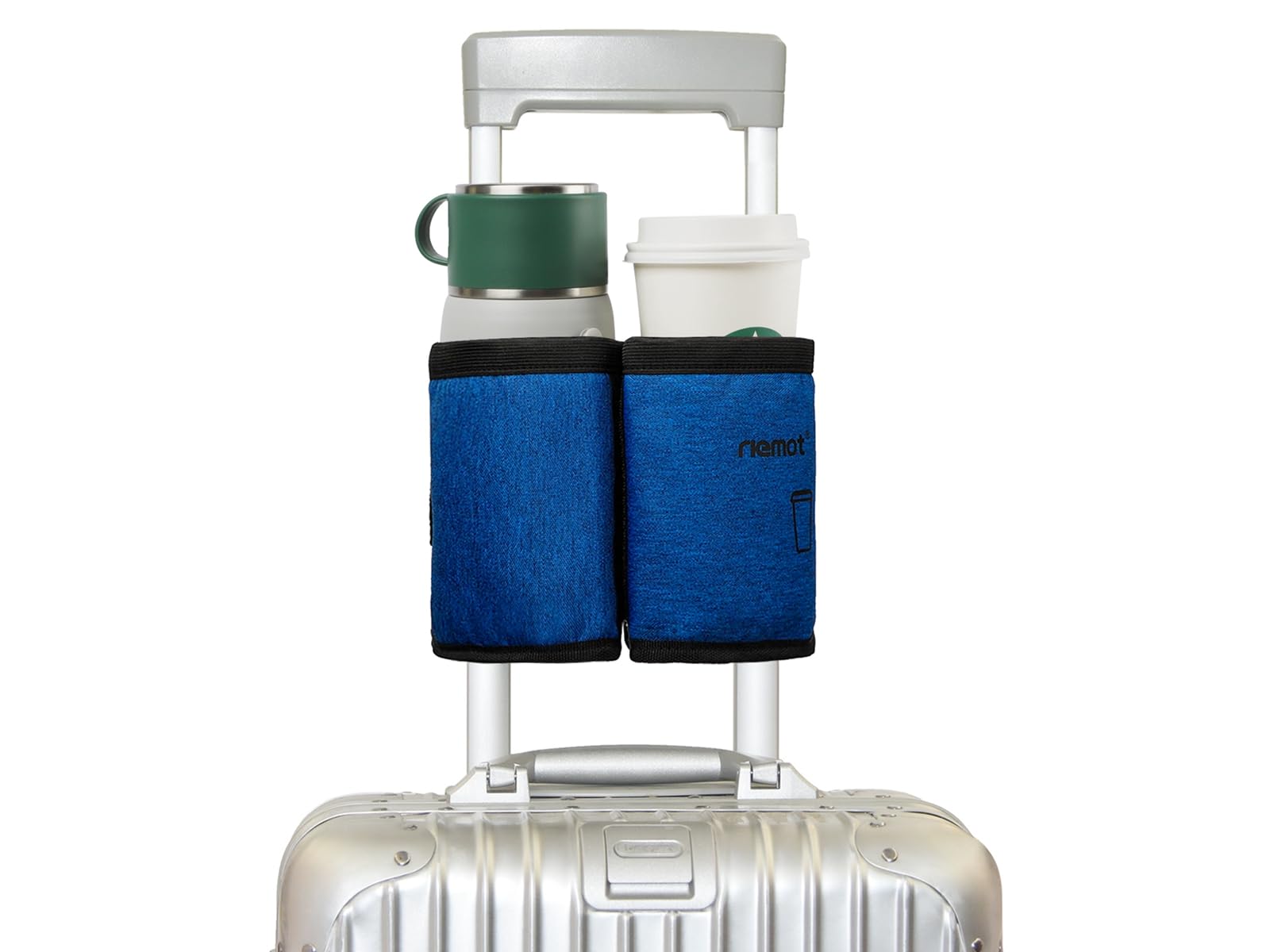 Riemot Travel Cup Holder for Suitcase - Hands-Free Drink Carrier Holds 2 Coffee Mugs - Fits Roll-On Luggage Handles - Perfect Gift for Flight Attendants & Travelers (Navy) - Great for Airports, Commuting & Road Trips