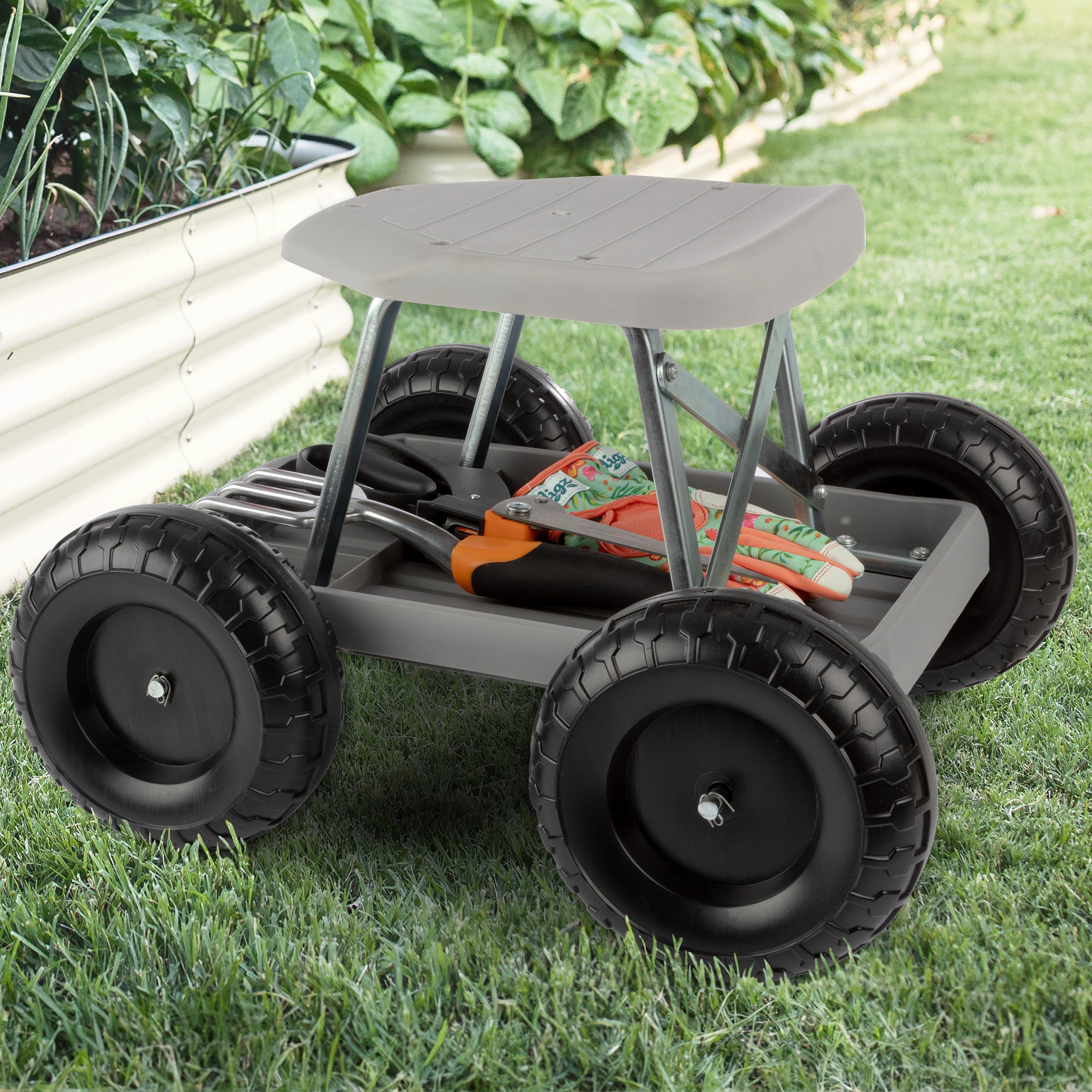 **Pure Garden Rolling Gardening Stool with Wheels & Storage Tool Tray - Foldable Garden Seat Cart for Outdoor Planting, Weeding & Yard Work - Durable Gray Garden Scooter for Seniors & Gardeners**