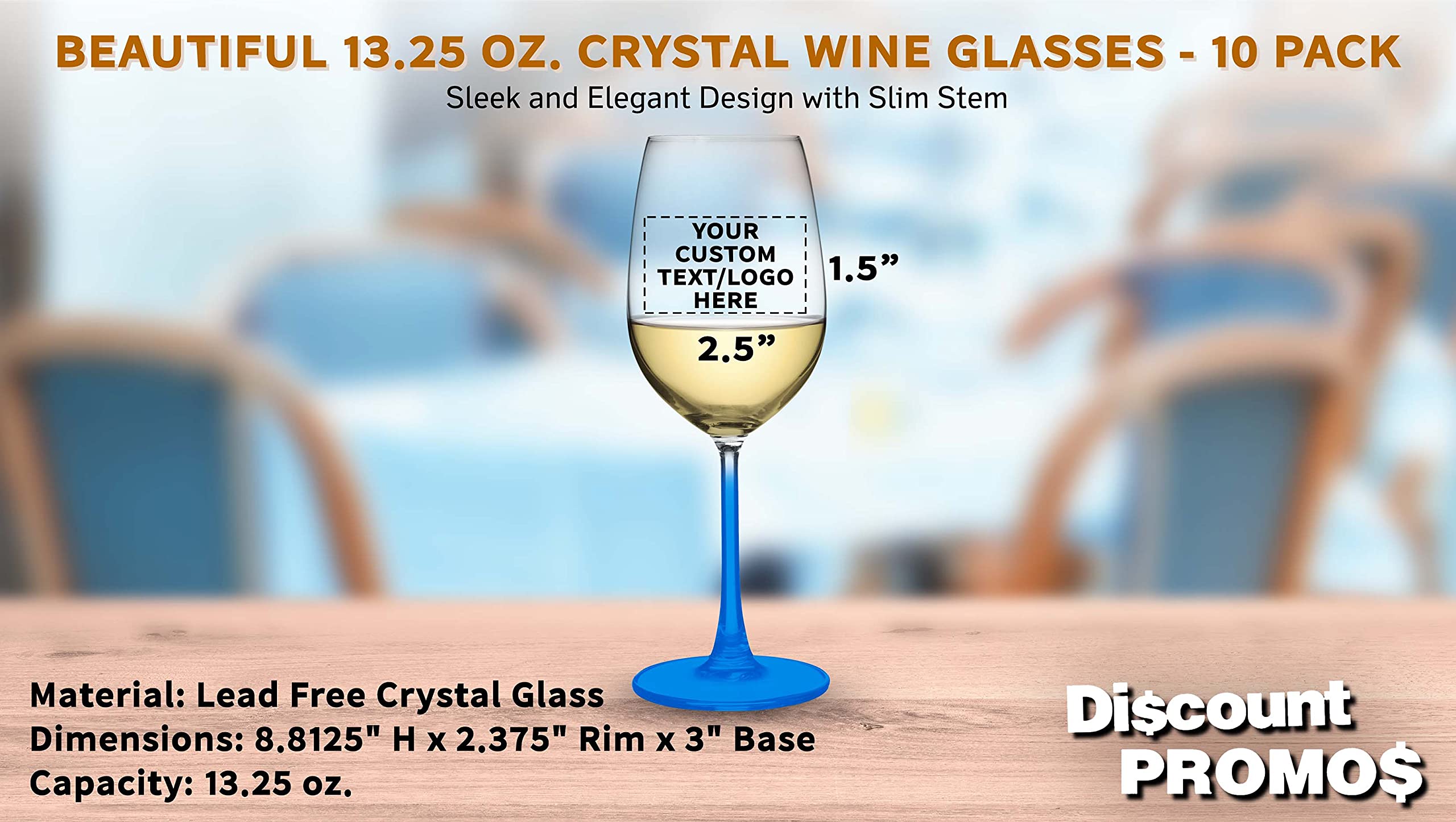 10-Piece Crystal Wine Glass Set - 13.25 oz Elegant Stemware with Custom Text/Logo - Lightweight Barware for Parties, Weddings & Home Entertaining - Blue
