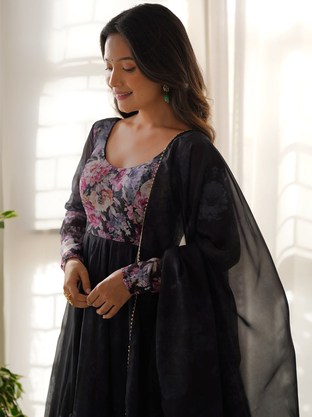 Black Heavy Pure Soft Organza Silk Printed Anarkali Dress with Micro Cotton Lining - Perfect for Weddings, Parties & Special Occasions