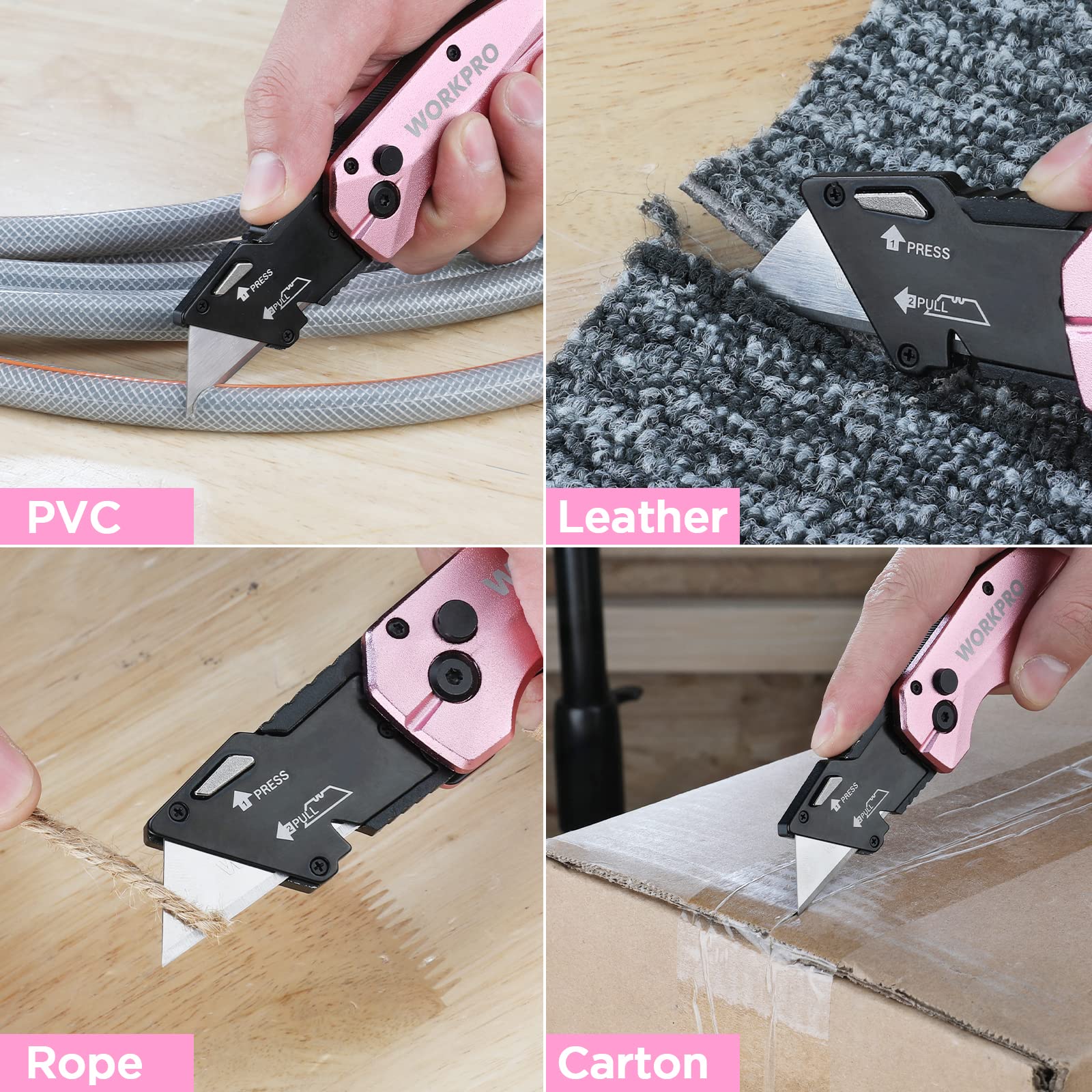 WORKPRO Folding Utility Knife - Quick Change SK5 Box Cutter with Aluminum Handle & 10 Extra Blades - Pink Ribbon Design for Cutting Boxes, Cartons, Cardboard - Perfect for Warehouse, Office, Shipping & Home Use