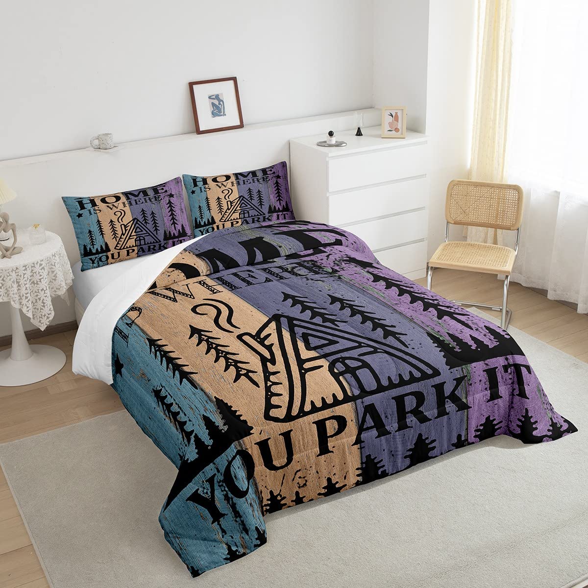 Kids Rustic Farmhouse Camper Comforter Set Twin Size - Funny 'Home Where We Park It' Quilt Set for Boys Bedroom Gift | Happy Camping Tent Explore Life Polyester Bedding with 1 Pillowcase & 2Pcs | Perfect for RV Themed Rooms, Sleepovers & Adventure-Loving Kids