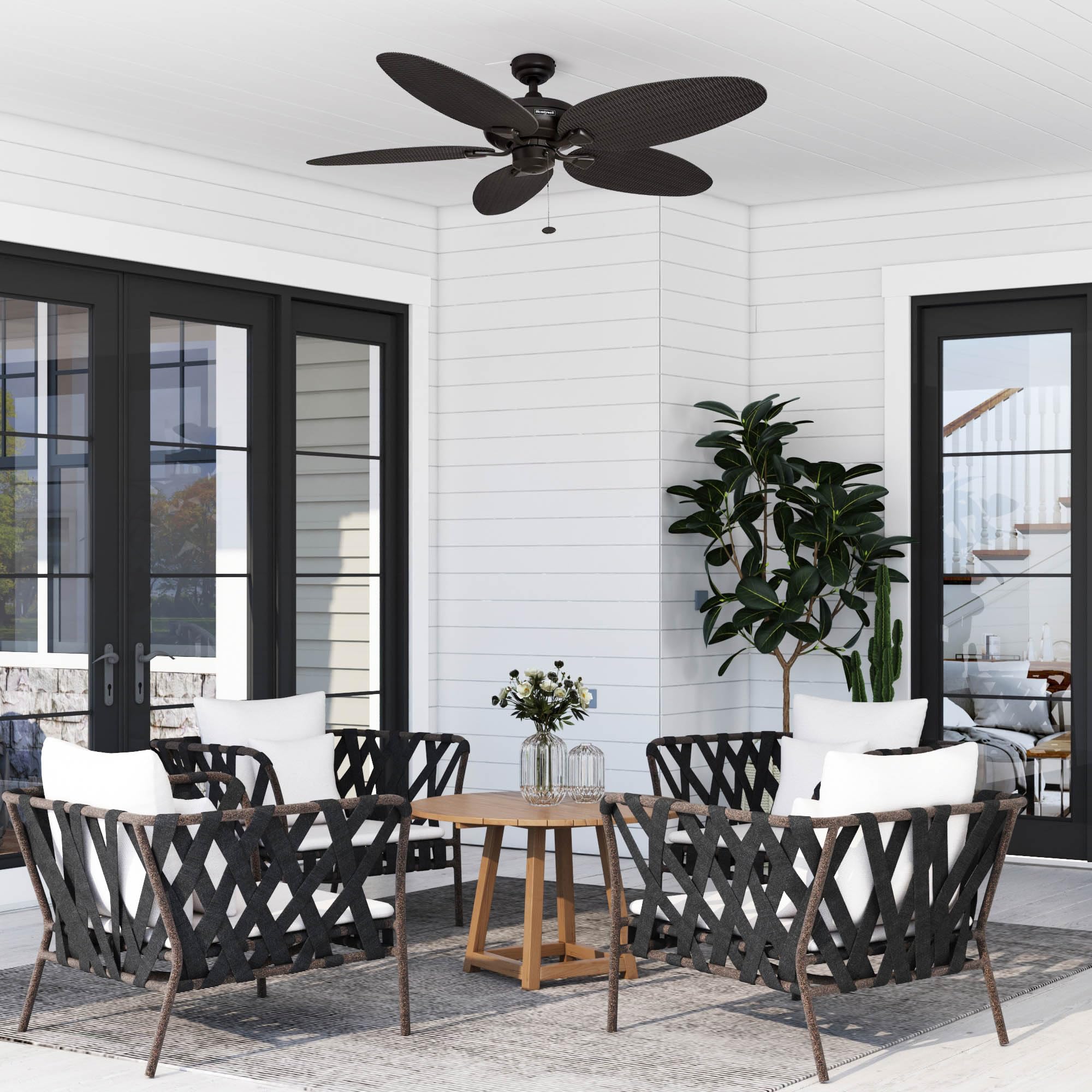 Honeywell Duval 52 Inch Indoor/Outdoor Ceiling Fan with Pull Chain - Tri-Mount 5 Blade Tropical Design, ETL Damp Rated, Bronze (50201-01) - Perfect for Patio, Bedroom, and Living Room Cooling