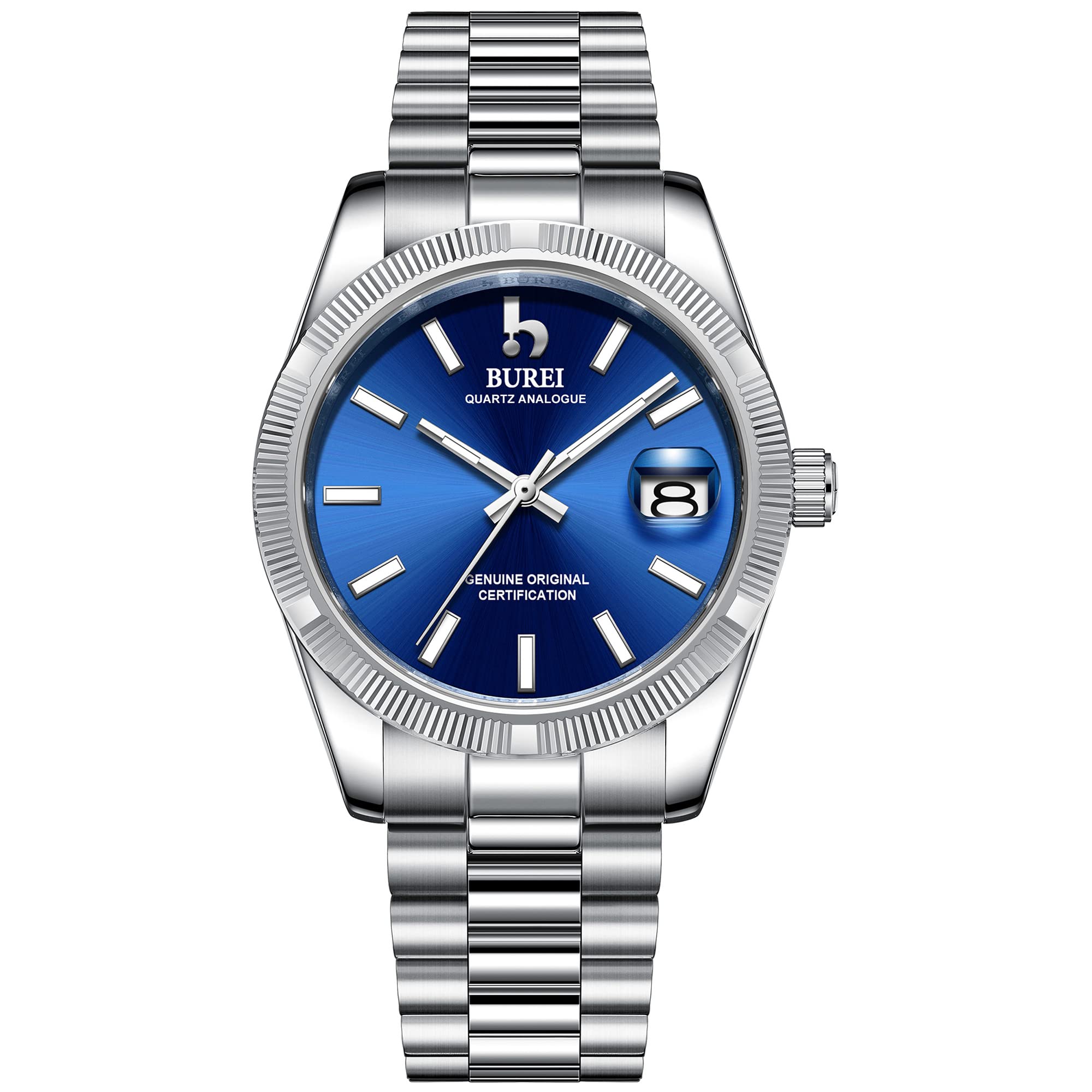 BUREI Men's Luxury Analog Quartz Wristwatch with Date Display, Sapphire Crystal & Stainless Steel Band - Perfect for Business, Formal Events & Everyday Wear