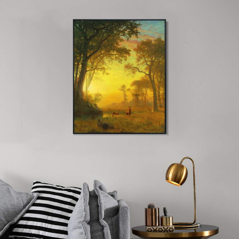Albert Bierstadt Sunset Deer River Giclee Print - 20x24 Inch Framed Canvas Wall Art for Living Room & Home Office Decor (Black Slim Frame) | Nature Landscape Painting | Perfect for Rustic, Farmhouse & Modern Interior Design