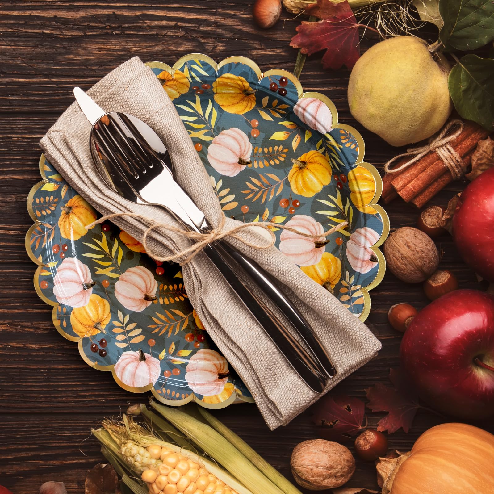 50-Count Disposable Thanksgiving Paper Plates - Scalloped Edge Pumpkin Design Slate Grey - Elegant Dinner Party Supplies for Holiday Gatherings, Family Feasts & Autumn Celebrations