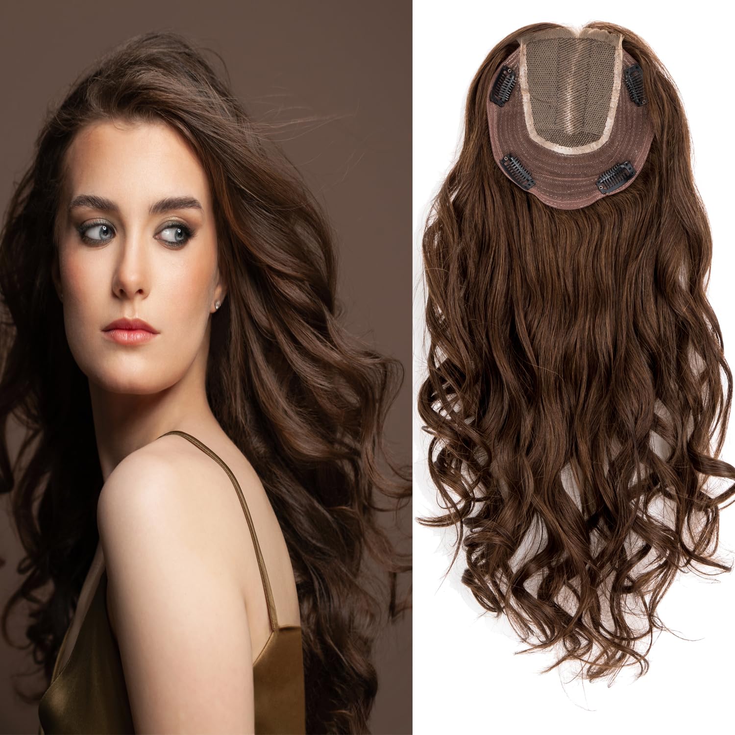 Teresa 16 Inch Clip-in Human Hair Topper for Women - 14x15cm Lace Front Wavy Hairpiece, 130% Density Hand-Tied Extensions for Thinning/Short Hair (Color 4#) | Perfect for Daily Wear, Special Occasions & Hair Volume Enhancement