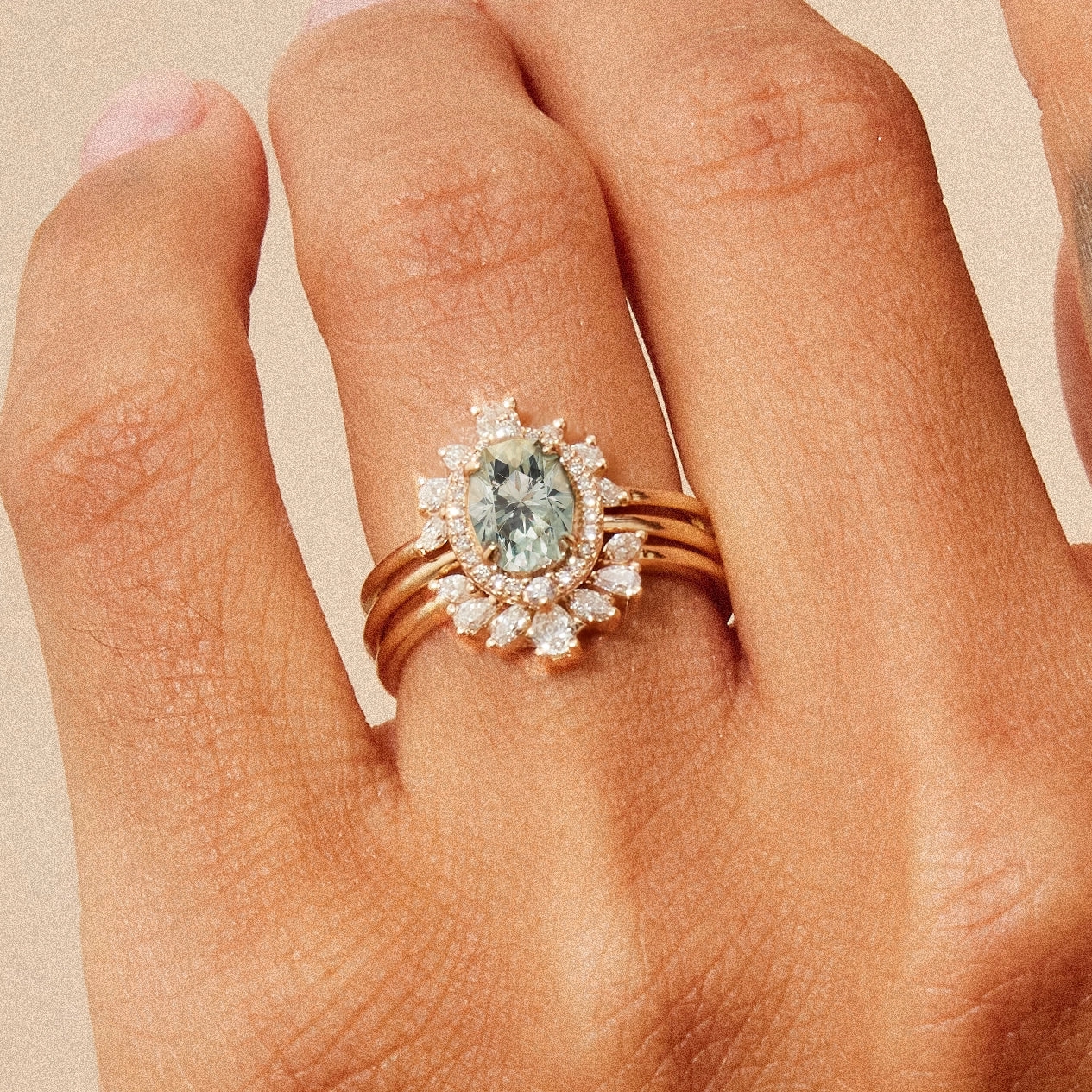 14K Yellow Gold Flower Moon Ring with Green & Colorless Sapphire - Unique Handmade Jewelry for Women, Perfect for Weddings, Anniversaries & Special Occasions