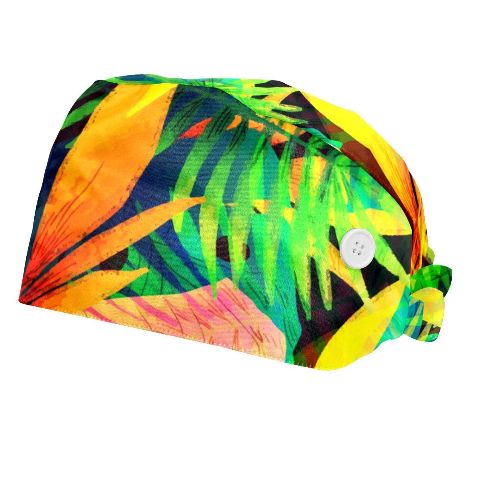 Adjustable Bouffant Caps with Button - 2 Pack Women's Ponytail Work Hats with Elastic Tie Back - Tropical Leaf Design for Salon, Food Service & Medical Use