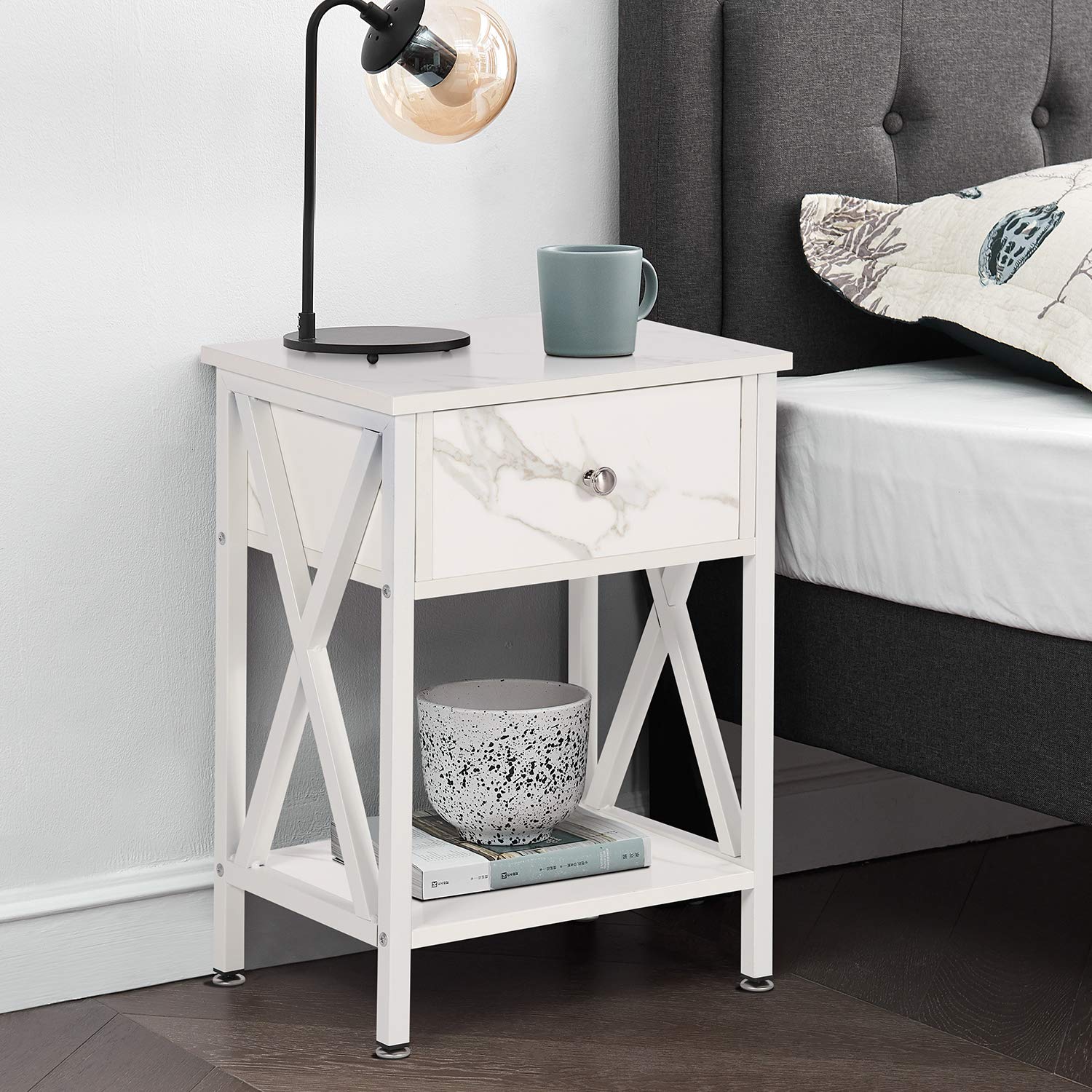 VECELO Modern Nightstand with Storage Drawer & Shelf - X-Design End Table for Bedroom & Living Room - White - Perfect for Small Spaces, Apartment Essentials & Home Organization