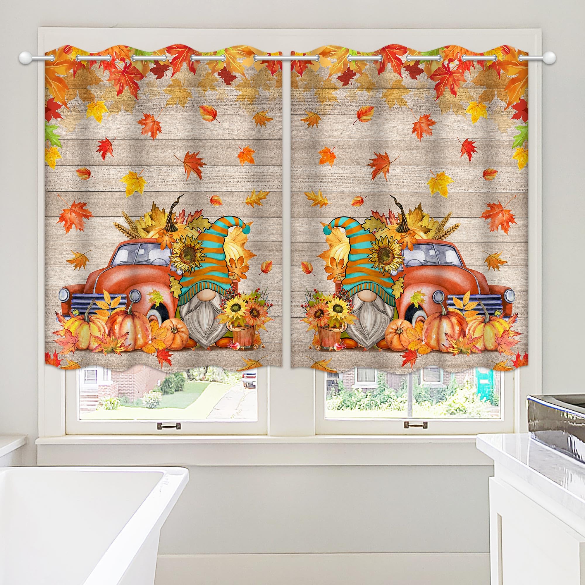 Fall Kitchen Curtains Set of 3 - Farmhouse Gnome, Truck & Pumpkin Harvest Window Curtains 36 Inch Length - Thanksgiving Home Decor for Cozy Autumn Kitchen