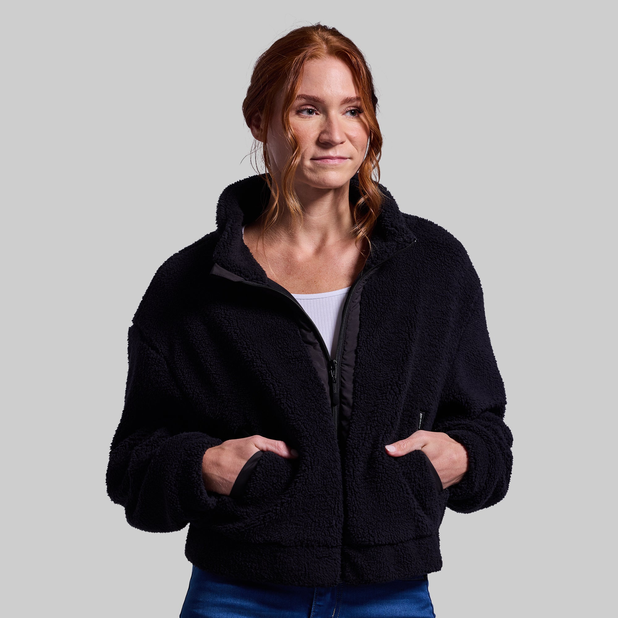 Women's Black Cropped Fleece Jacket - Cozy Winter Outerwear for Casual Wear & Outdoor Activities | Perfect for Layering, Running Errands & Fall Fashion