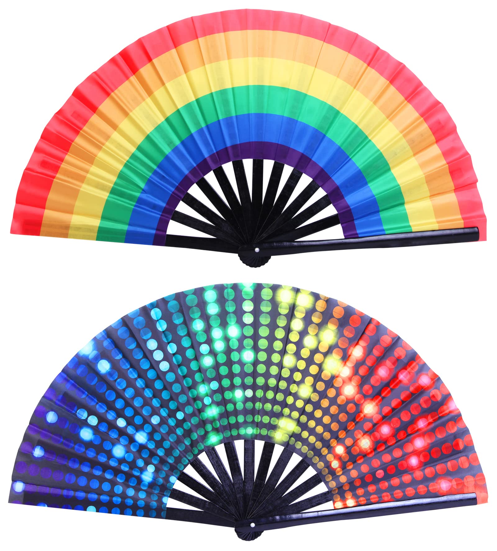 Gionforsy Rave Hand Fan - Large Bamboo Folding Fan with Vibrant Fabric for Festivals, Concerts & Outdoor Events (2-Pack, Style 2) - Perfect for Raves, Beach Parties & Summer Cooling