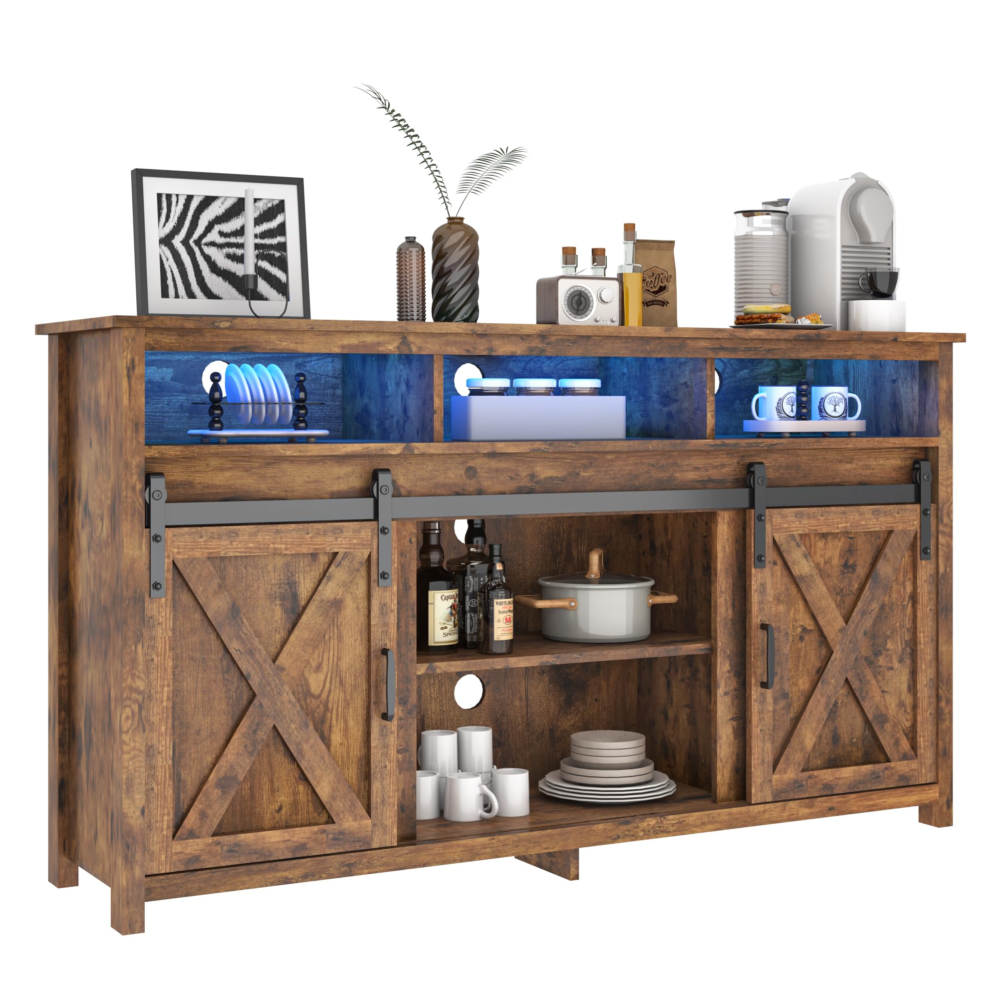 Rustic Farmhouse Coffee Bar Cabinet with Power Outlet - Wood Buffet Storage Sideboard with Shelves for Dining Room & Living Room - Perfect for Entertaining Guests & Organizing Kitchenware (Brown)