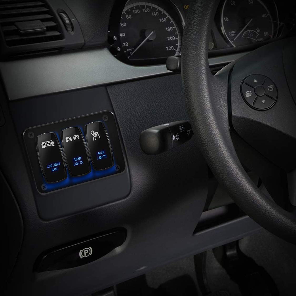 DaierTek 12V LED Light Bar Switch Panel - 3 Gang Rocker Toggle Switch for Trucks, Cars, RZR, Jeep, RV, Marine & Boats | Waterproof 12 Volt Blue Switch Panel | Perfect for Off-Roading, Camping & Marine Applications