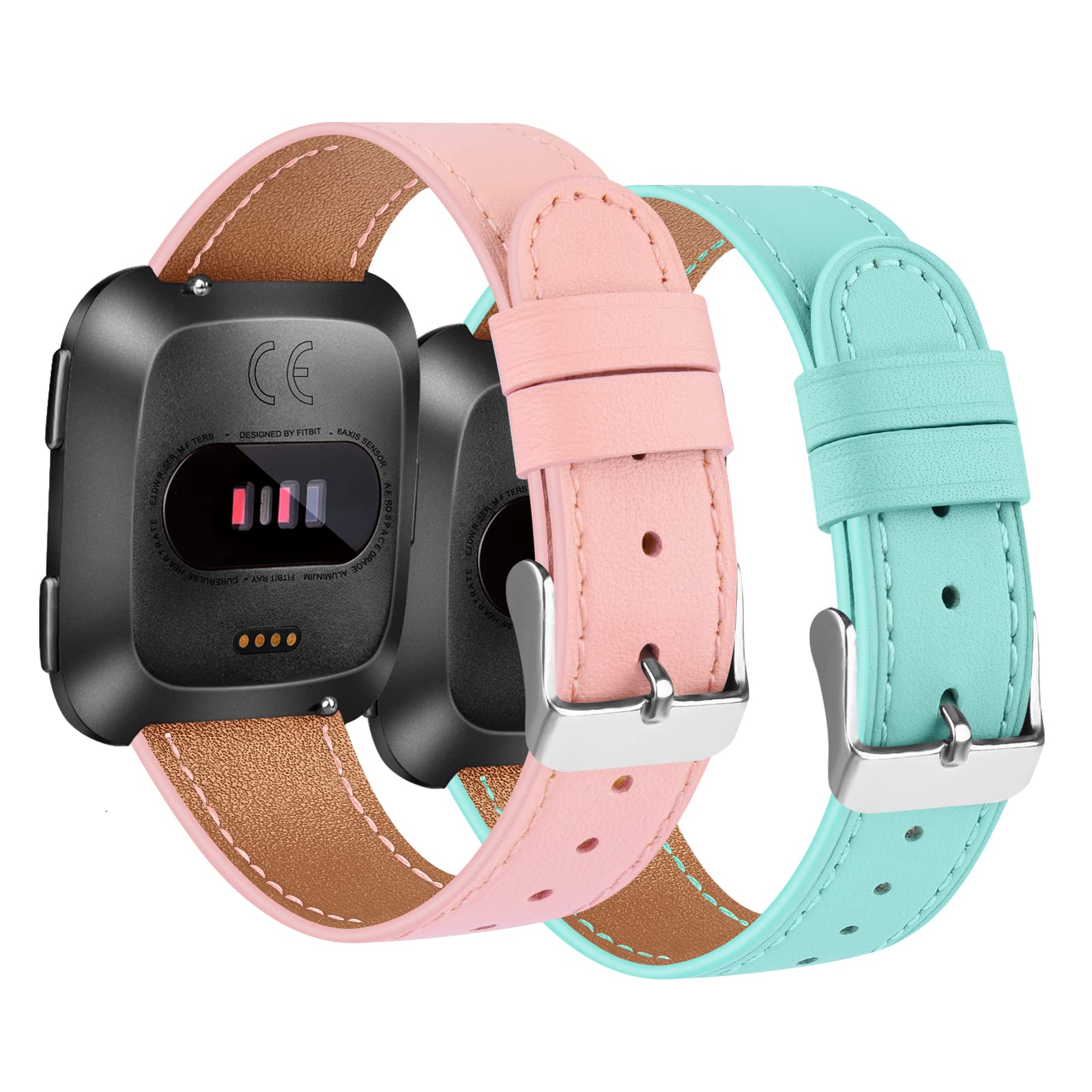 2 Pack BOTNUW Genuine Leather Replacement Bands for Fitbit Versa 2/Versa/Versa SE/Versa Lite - Soft Adjustable Smartwatch Straps for Women & Men - Perfect for Workouts, Office & Daily Wear