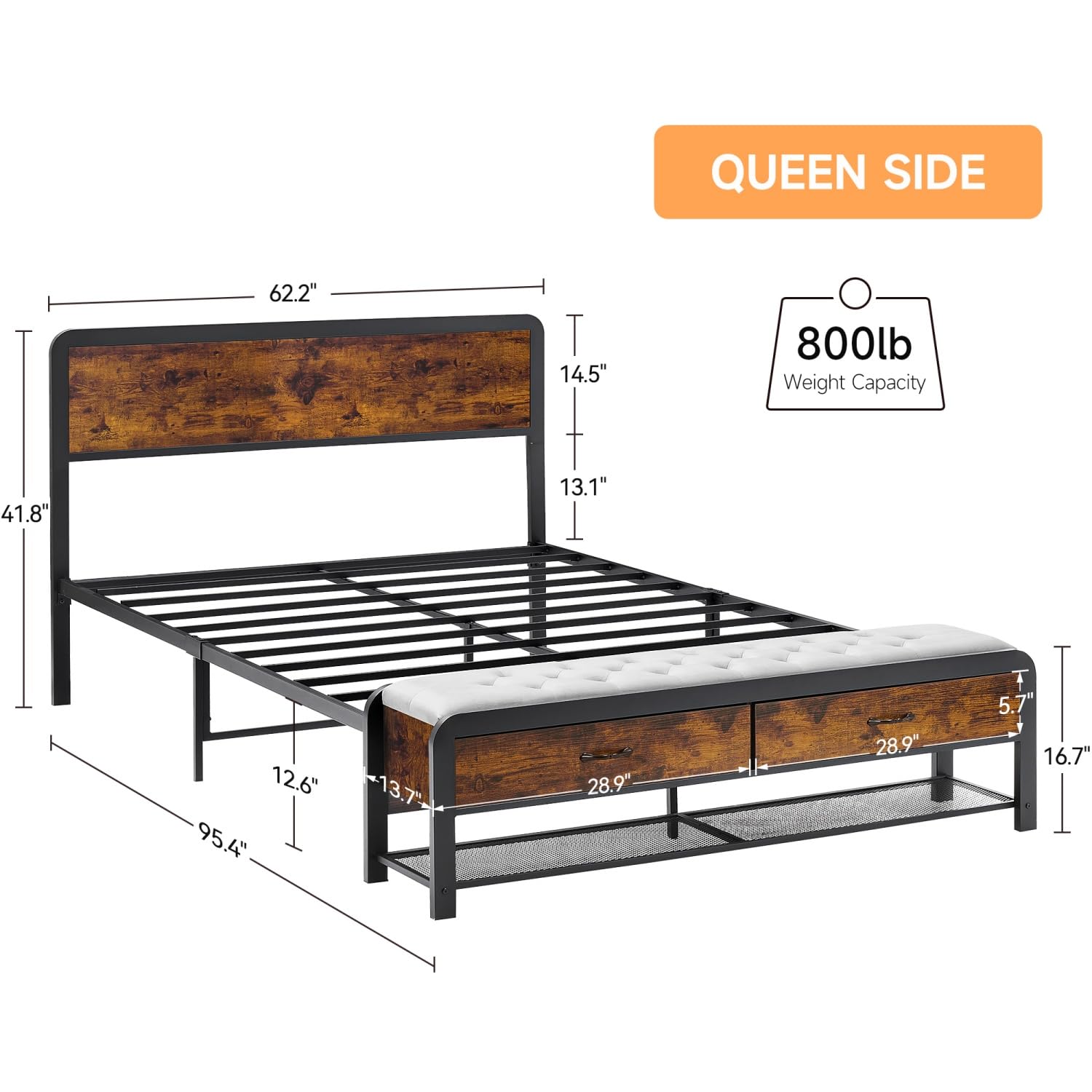 3-Piece Queen Size Bedroom Set with Wood Headboard Platform Bed Frame, Ottoman Bench & 2 Nightstands with Charging Stations & Storage Drawers - Modern Bedroom Furniture for Small Spaces & Guest Rooms