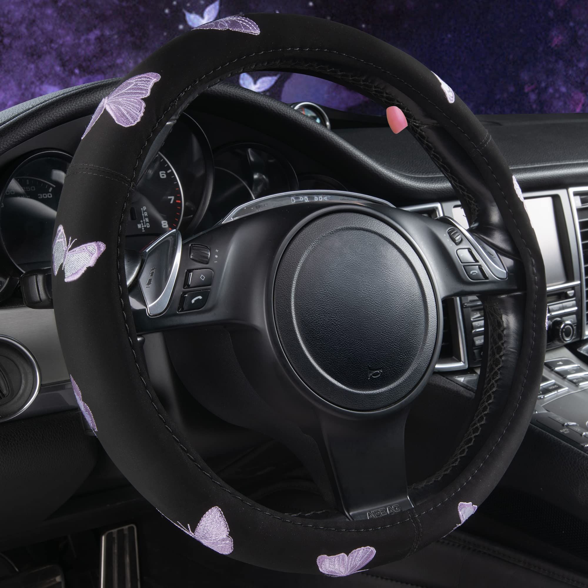Car Pass Purple Embroidery Butterfly Steering Wheel Cover - Universal 15 Inch Car Wheel Cover for Women & Girls, Fits SUVs, Small Trucks, Sedans, Cars (Black & Purple) - Perfect for Commuting, Road Trips & Daily Driving