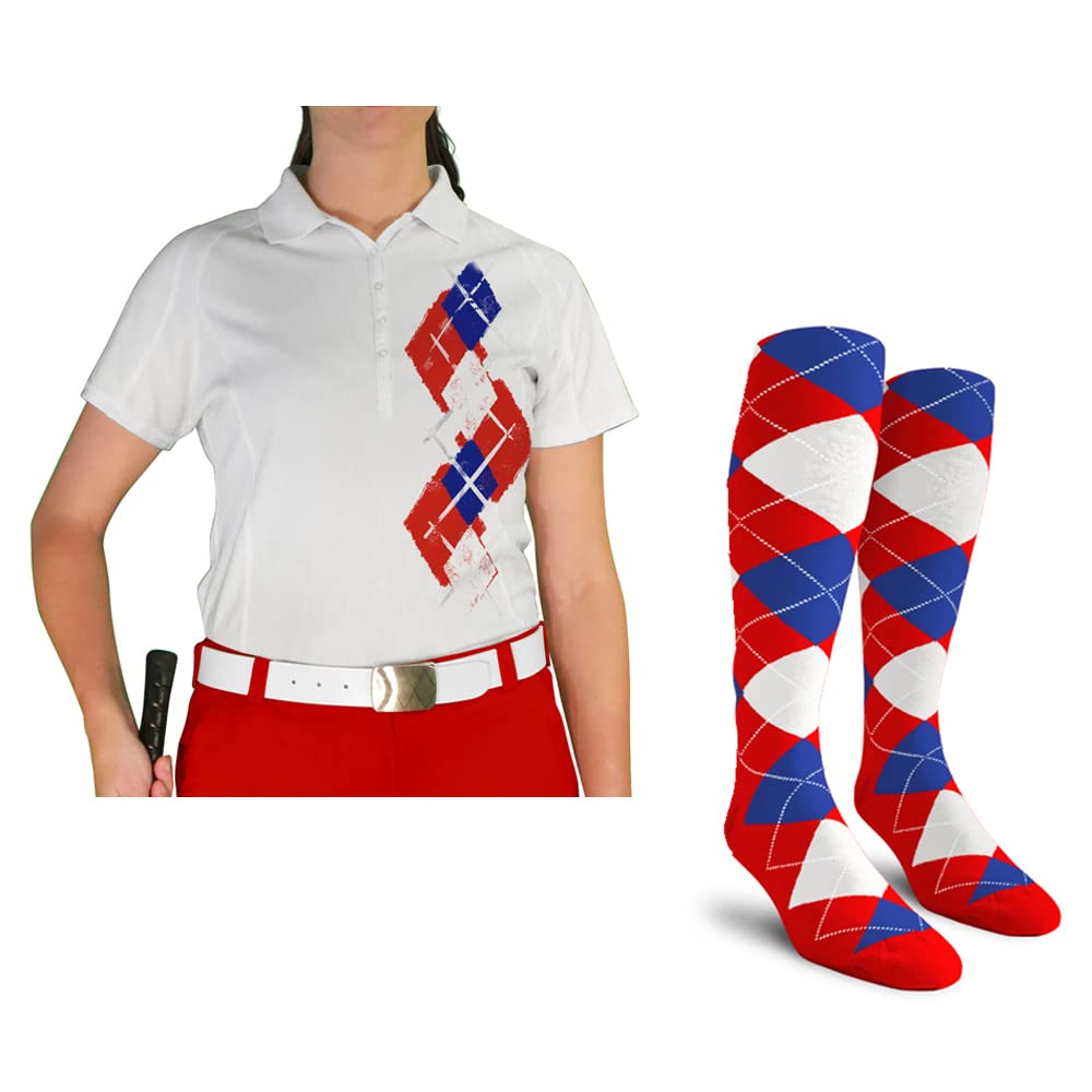 Dry Fit Short Sleeve Graphic Golf Polo Shirt with Socks for Women - Breathable Moisture-Wicking Performance Top & Comfortable Socks Set - Argyle Paradise Design (Sizes 5A-5Z) - Perfect for Golf, Tennis, Casual Wear & Outdoor Activities