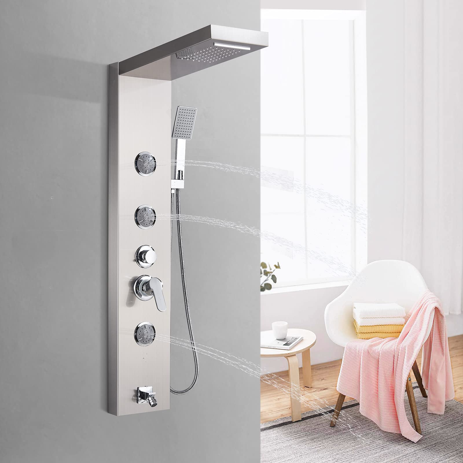 Multi-Function Shower Panel Tower System - Wall Mounted Rainfall Waterfall Shower Column with Massage Jets & Handheld Shower Head in Brushed Nickel | Perfect for Luxury Bathroom, Spa-Like Experience & Modern Home Upgrade