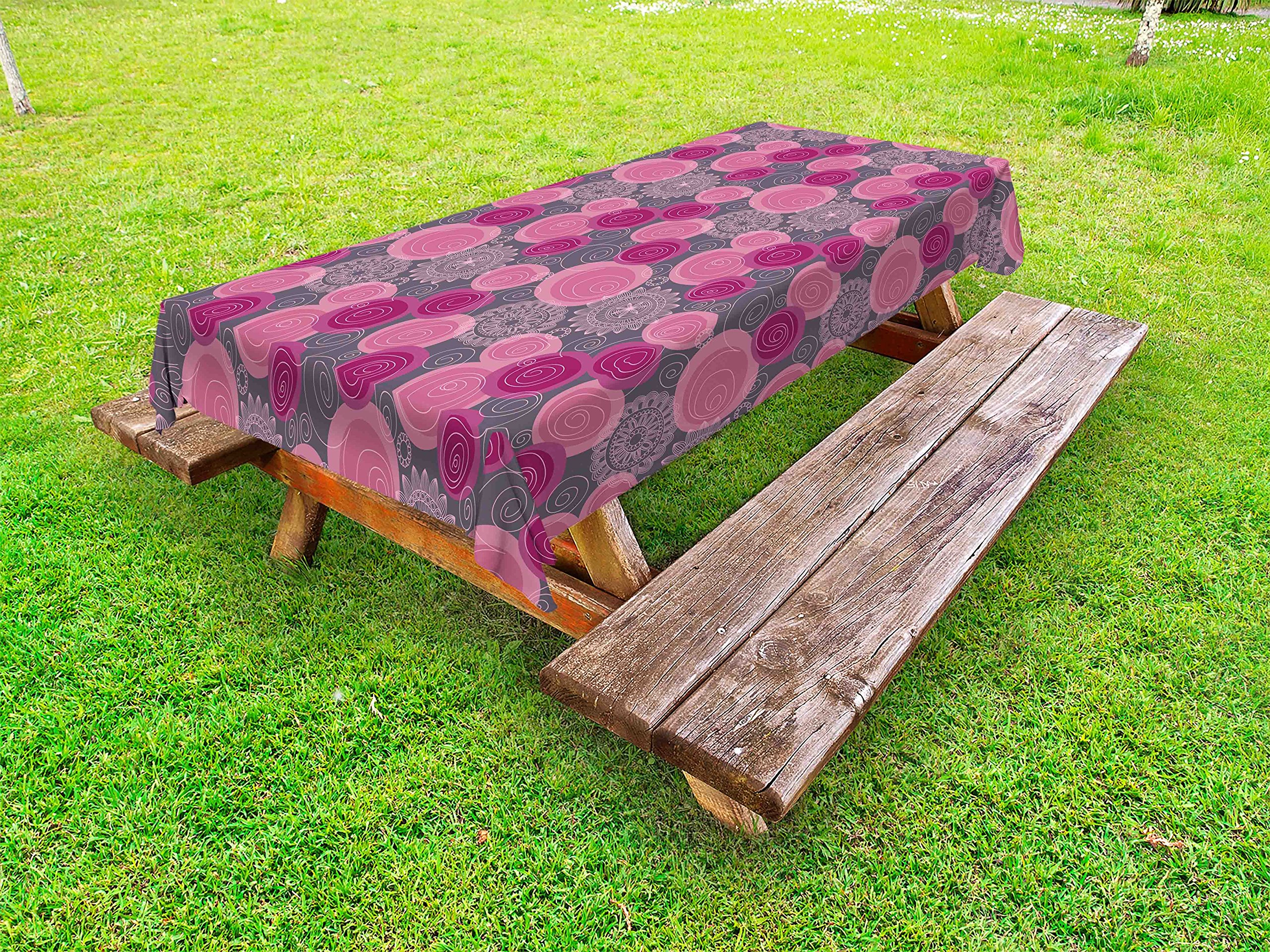 Ambesonne Pink and Grey Outdoor Tablecloth - Doodle Style Lace Swirl Floral Design, Washable Picnic Table Cover 58x84 Inches - Perfect for Garden Parties, BBQs, and Outdoor Dining (Fuchsia/Magenta/Grey)