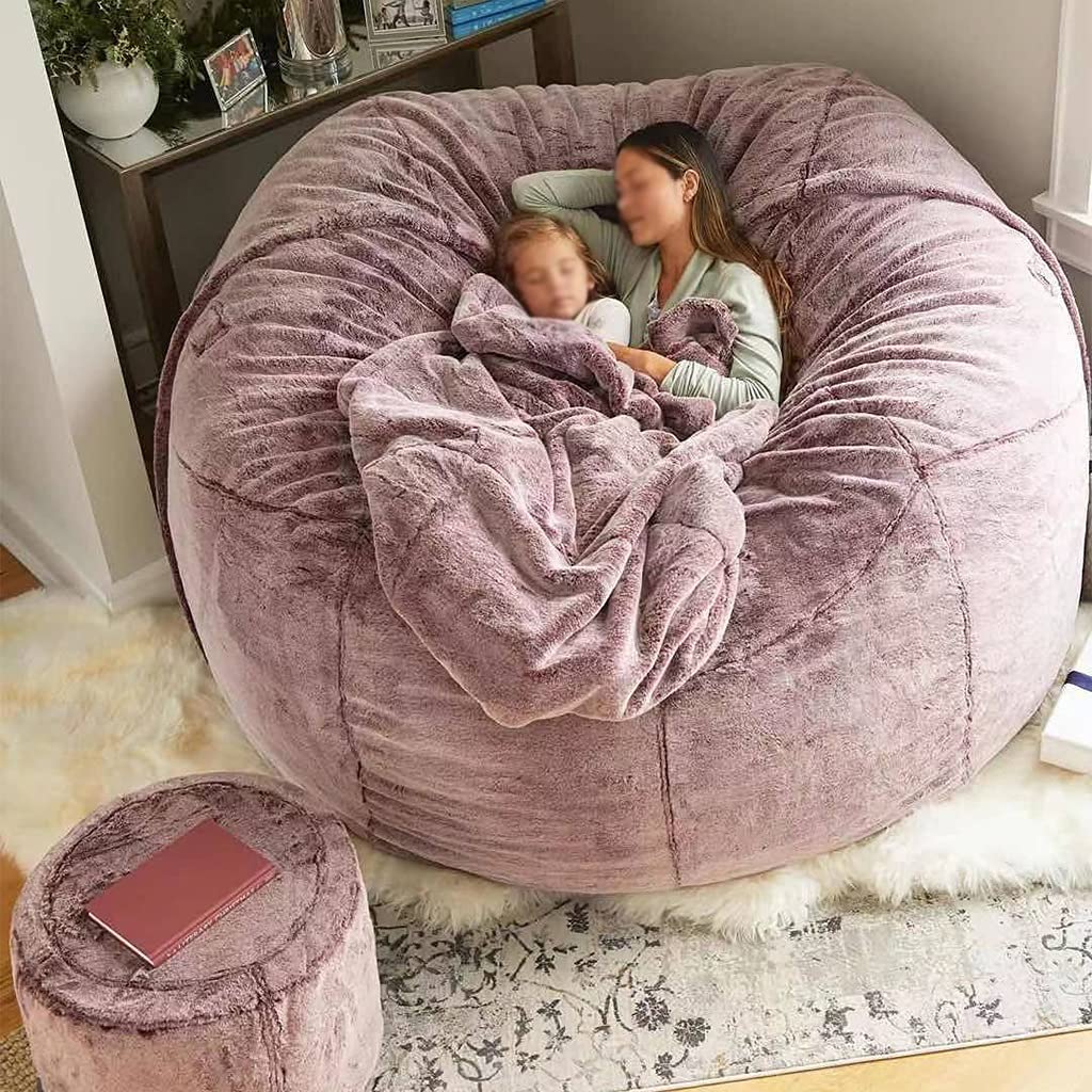 7ft XXL Giant Fluffy Faux Fur Bean Bag Chair Cover - Washable Soft Jumbo Sack Chair for Dorm, Living Room & Bedroom (Only Cover, No Filler) - Perfect for Movie Nights, Gaming & Relaxation (Black)