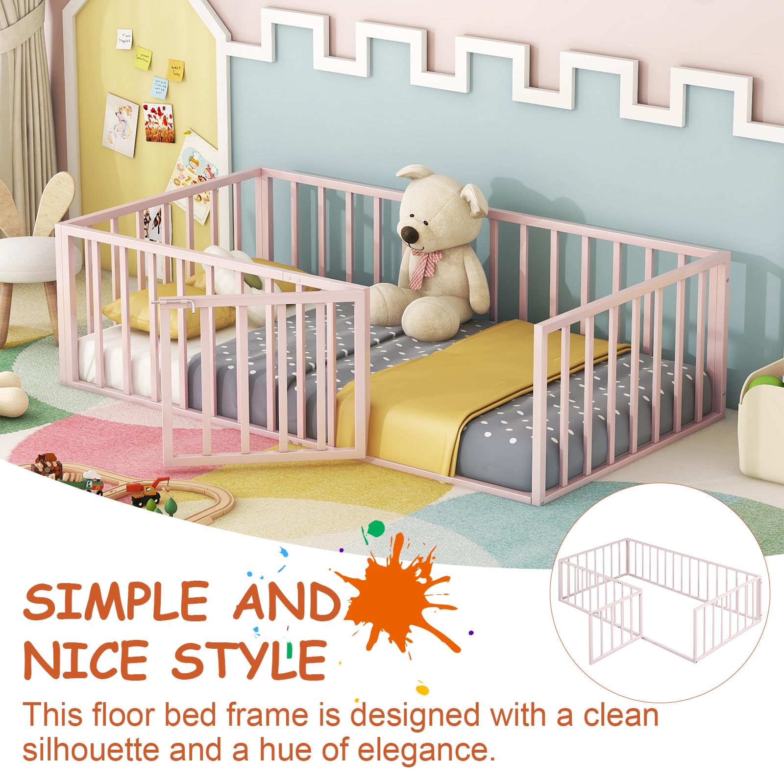 Montessori Twin Floor Bed with Safety Fence & Door - Metal Frame Kids Platform Bed with Rails for Boys & Girls - Perfect for Toddler Rooms & Play Areas