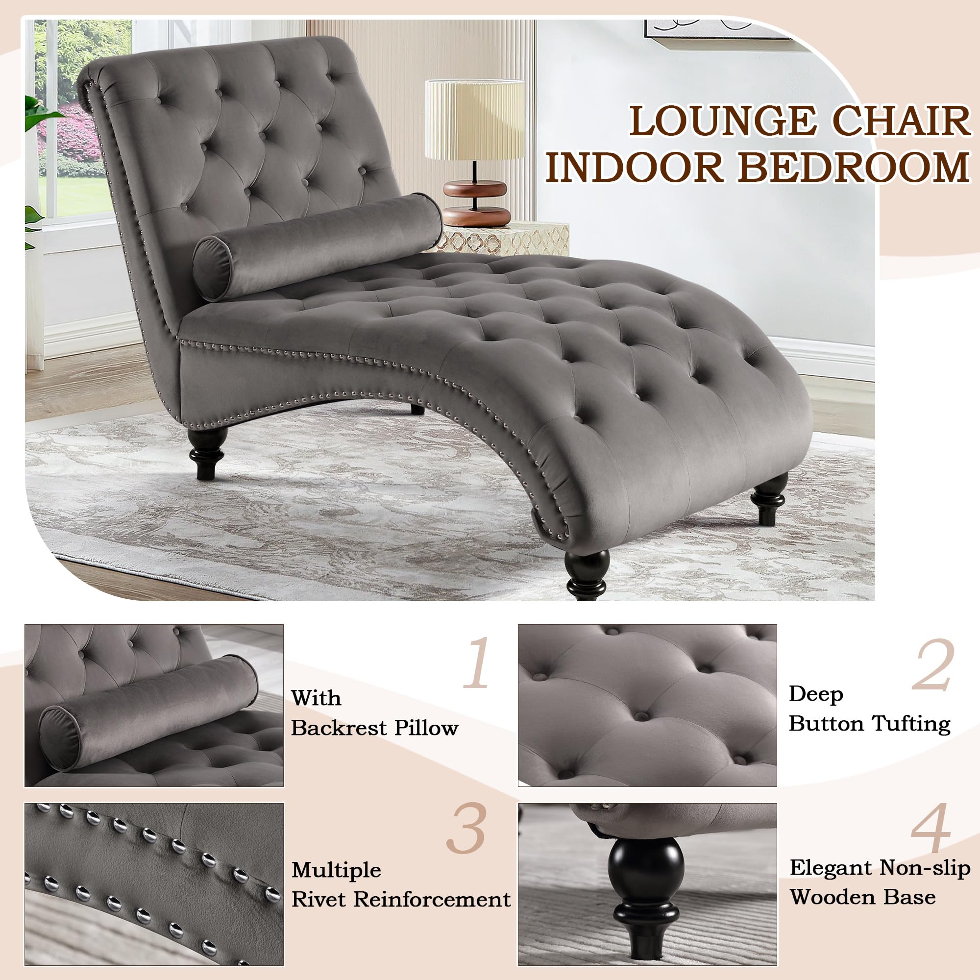 SLEERWAY Velvet Tufted Chaise Lounge Chair with Solid Wood Legs & Lumbar Pillow - Modern Upholstered Sleeper Sofa for Bedroom, Living Room, Office - Grey | Perfect for Relaxing, Reading & Small Space Decor