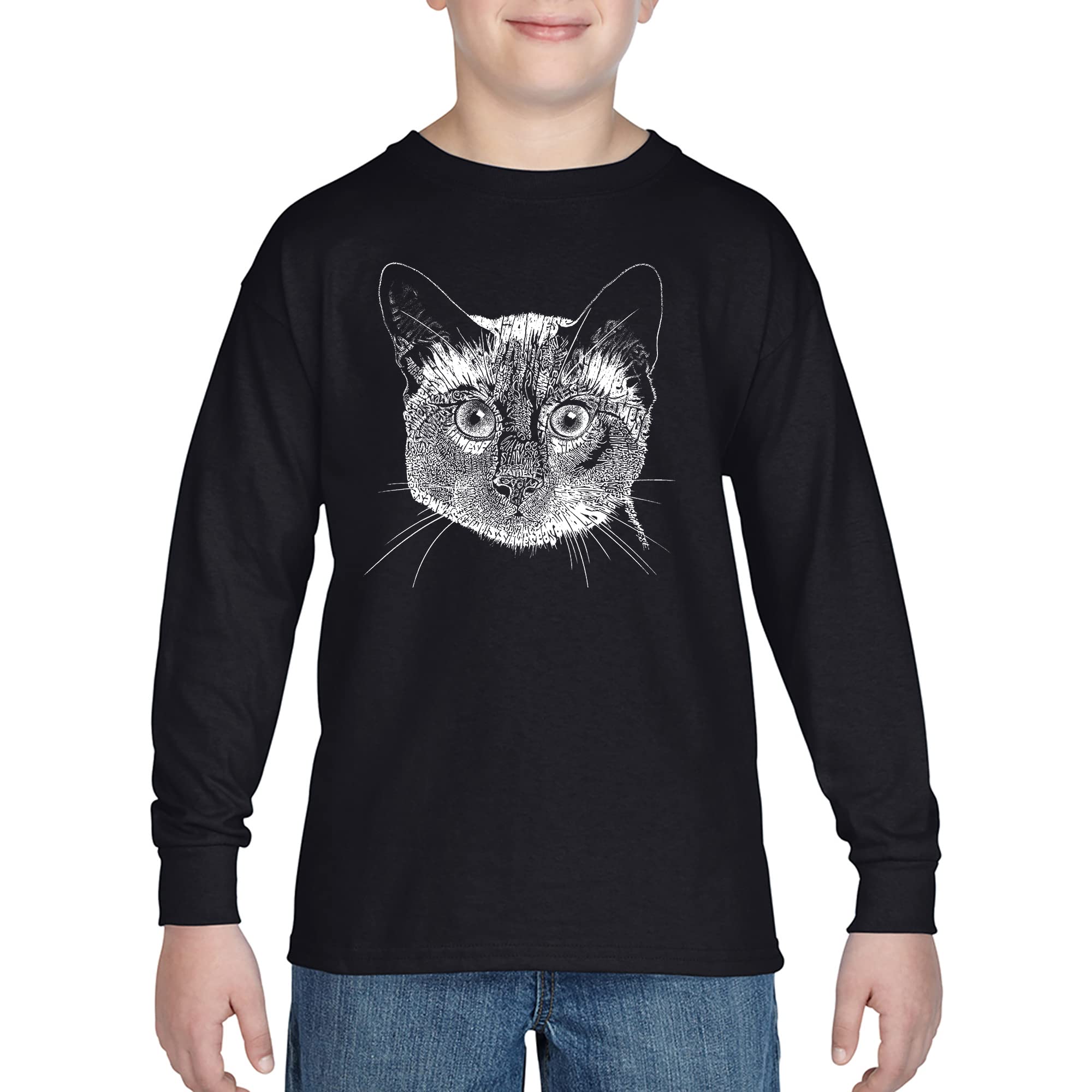 LA POP ART Boys Word Art Long Sleeve T-Shirt - Cute Siamese Cat Graphic Tee for Kids | Trendy Casual Wear for School & Playdates