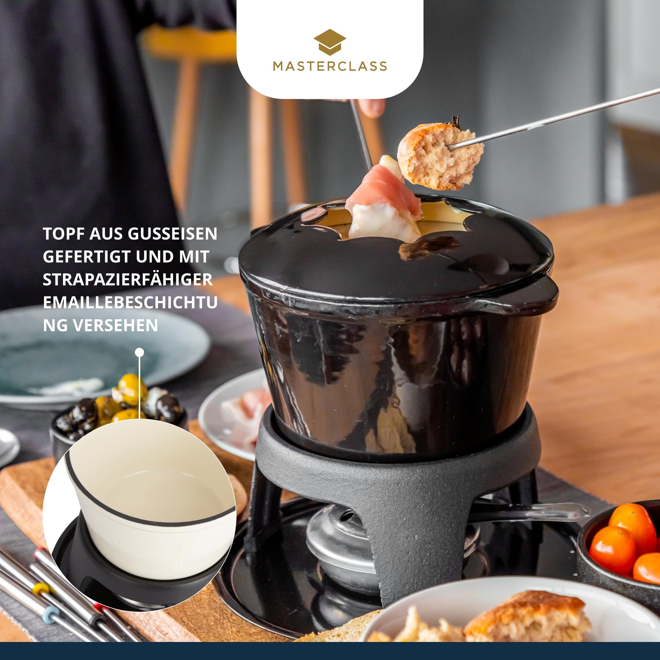 Premium Cast Iron Fondue Set for Chocolate, Cheese & Meat – 21 x 18 cm Black – Perfect for Romantic Dinners, Parties & Family Gatherings