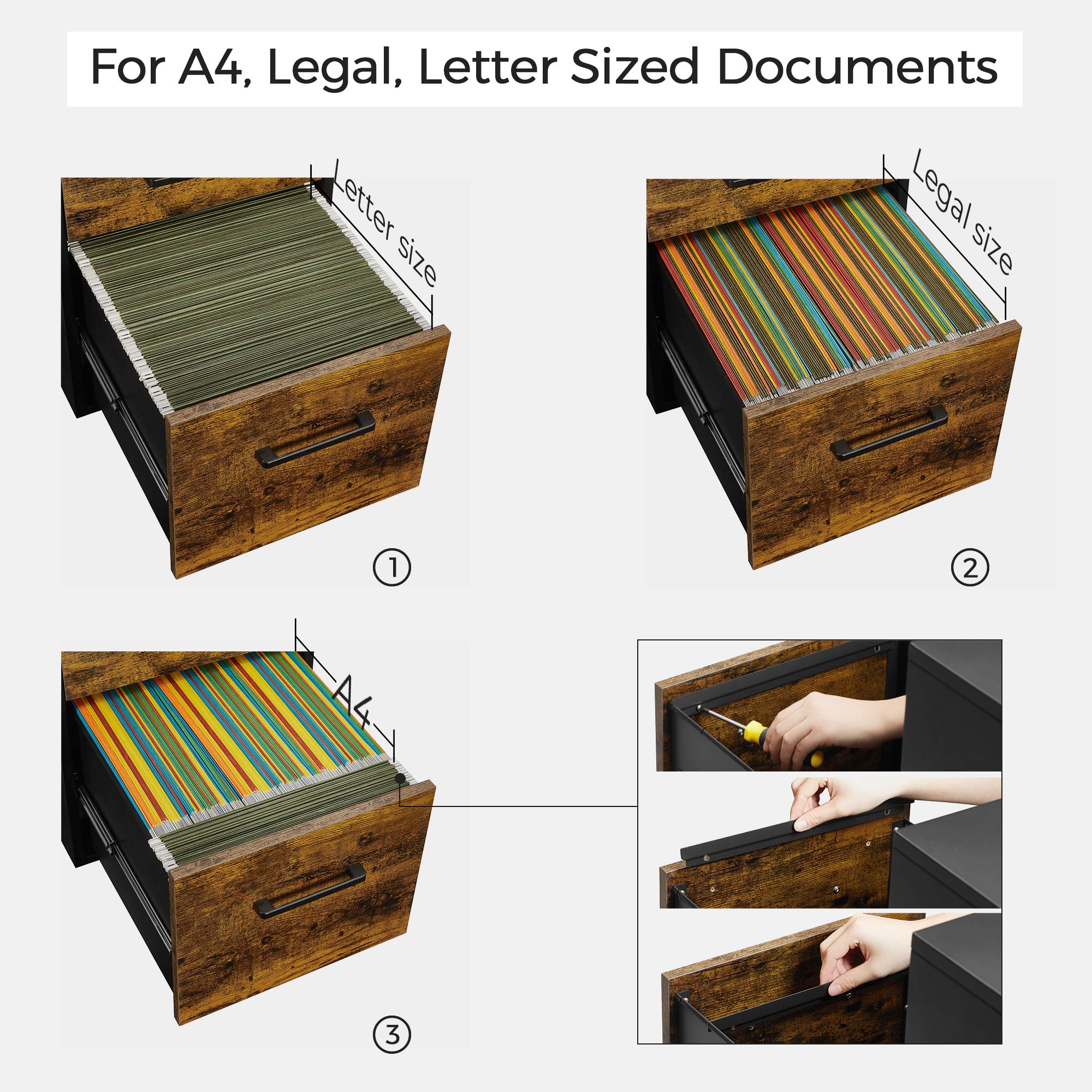 SONGMICS File Cabinet with Lock - Pre-Assembled Office Filing Cabinet for A4, Legal & Letter Size Documents - 17.7 x 14.4 x 23.6 Inches Rustic Brown & Black - Perfect for Home Office, Study Room & Workspace Organization (UOFC110B01V1)