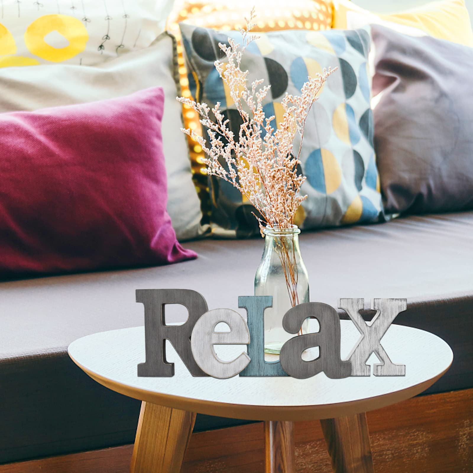 K KILIPES Rustic Wood Relax Sign - Freestanding Wall Hanging & Table Top Decor with Teal Cutout Letters for Shelf, Mantel, Fireplace - Perfect for Living Room, Bedroom & Office Relaxation Decor