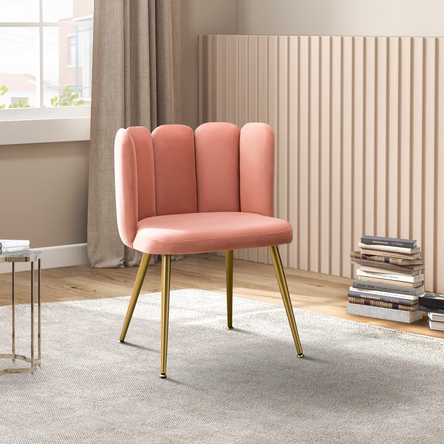 Velvet Accent Chair - Modern Upholstered Vanity Makeup Chair with Shell Back & Gold Metal Legs, Pink Velvet Dining Chair for Bedroom, Living Room & Dressing Room | Home Decor & Comfortable Seating