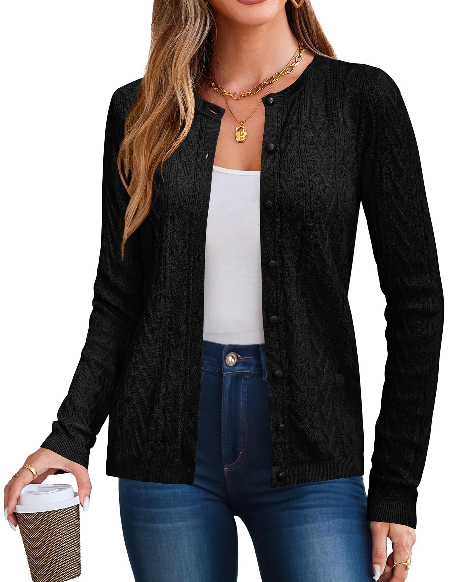Arach&Cloz Women's 2025 Lightweight Cable Knit Cardigan - Long Sleeve Button Down Casual Sweater with Crew Neck - Soft Spring Top for Office, Dating & Everyday Wear
