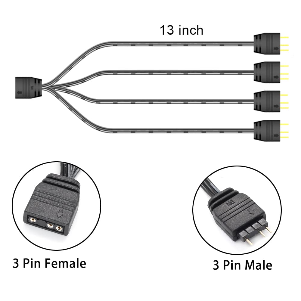 1 to 4 ARGB Splitter Extension Cable - 3 Pin Addressable RGB Splitter for PC Computer Case Fans, LED Strips & ARGB Devices - 2 Pack 13 Inch (33cm) - Perfect for Gaming PC Builds, Custom Lighting Setups & DIY Computer Mods