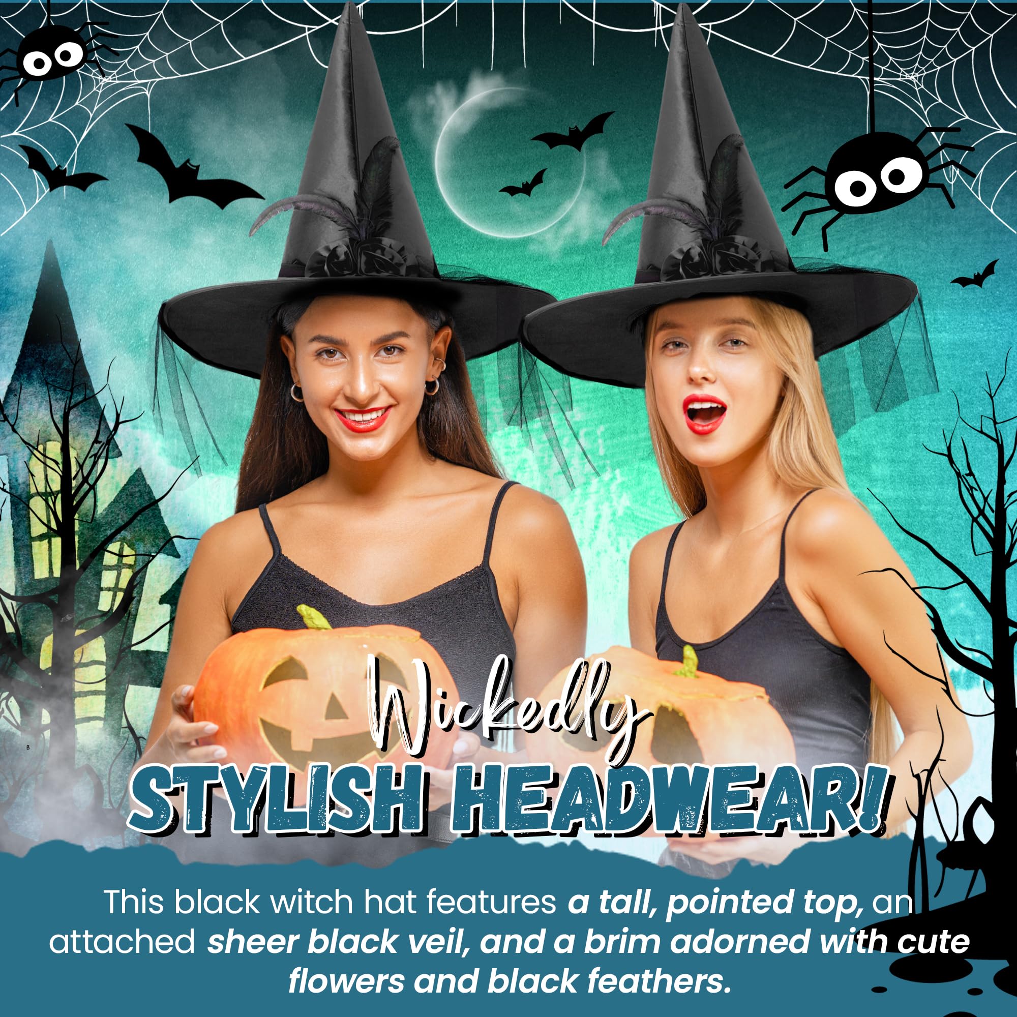 Halloween Witch Hat for Women - Black Witch Hat with Feathers & Lace Veil | Witch Costume Accessories for Women & Girls | Perfect for Halloween Parties, Cosplay & Witch-Themed Events