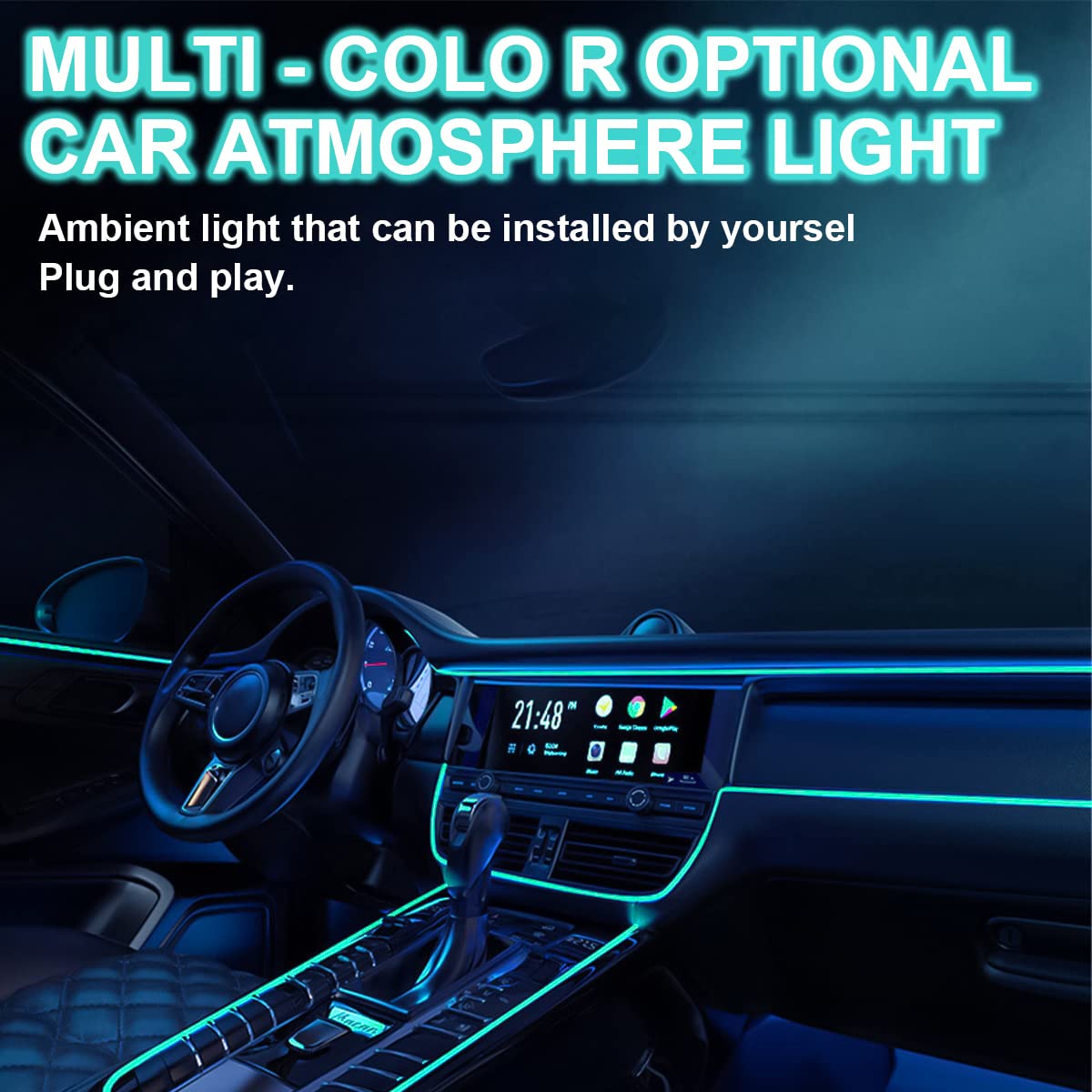 16FT EL Wire Car Interior LED Strip Lights - Neon Electroluminescent Ambient Lighting Kit with Sewing Edge & Fuse Protection for Auto Cigarette Lighter - Perfect for Car Decoration & Night Driving (Ice Blue)