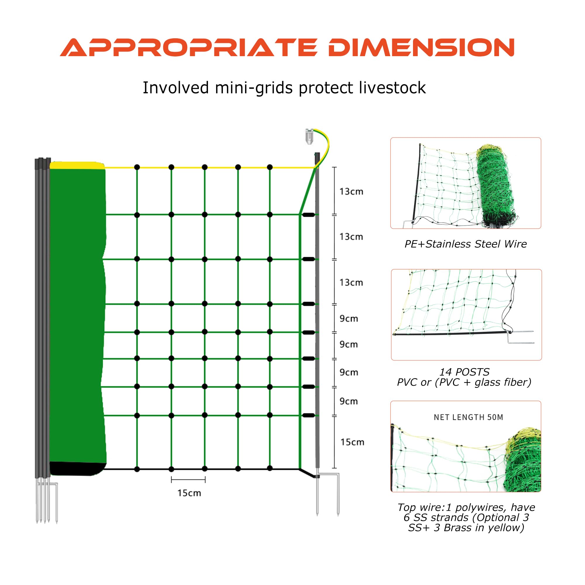 Electric Fence Net for Sheep & Livestock - 3 Feet Tall x 164 Feet Long Green Double Pointed Netting Fence - Ideal for Pasture, Farm & Animal Containment