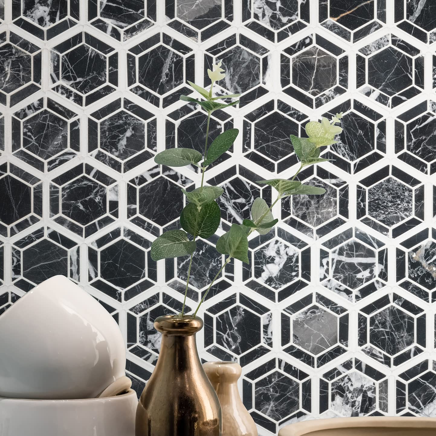 MSI Hexagono Nero 13.25 x 11.5 Inch Geometric Polished Marble Mesh-Mounted Mosaic Wall Tile - Black & White Hexagon Tile for Bathroom, Kitchen Backsplash, Flooring, and Countertops | Perfect for Modern Home Decor and Commercial Spaces