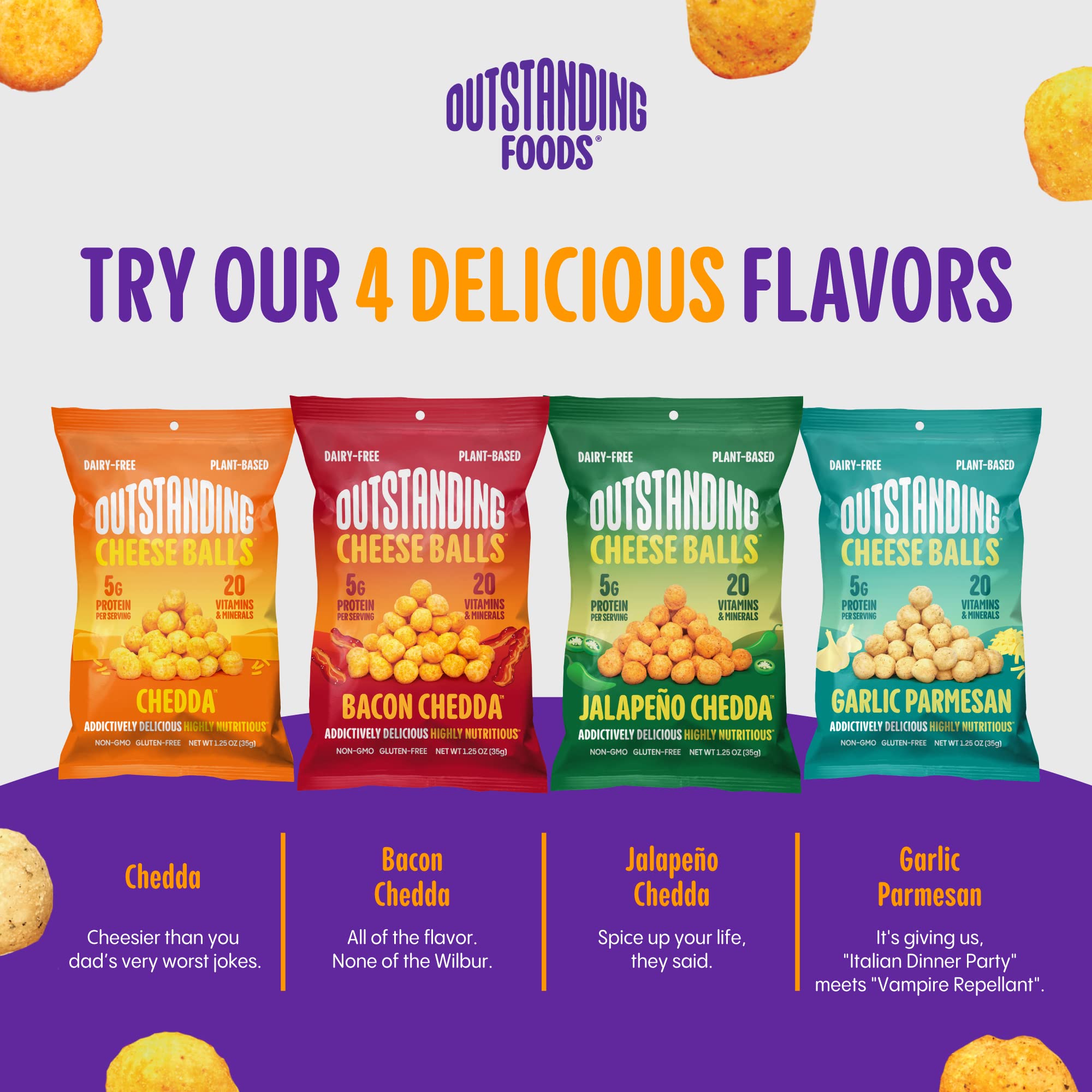 Outstanding Foods Garlic Parmesan Cheese Balls - Vegan, Dairy-Free, Gluten-Free, Low Carb Snacks - Packed with 20 Essential Vitamins & Minerals - 1.25oz (8-Pack) - Perfect for Keto Diet, Healthy On-the-Go Snacking & Movie Nights