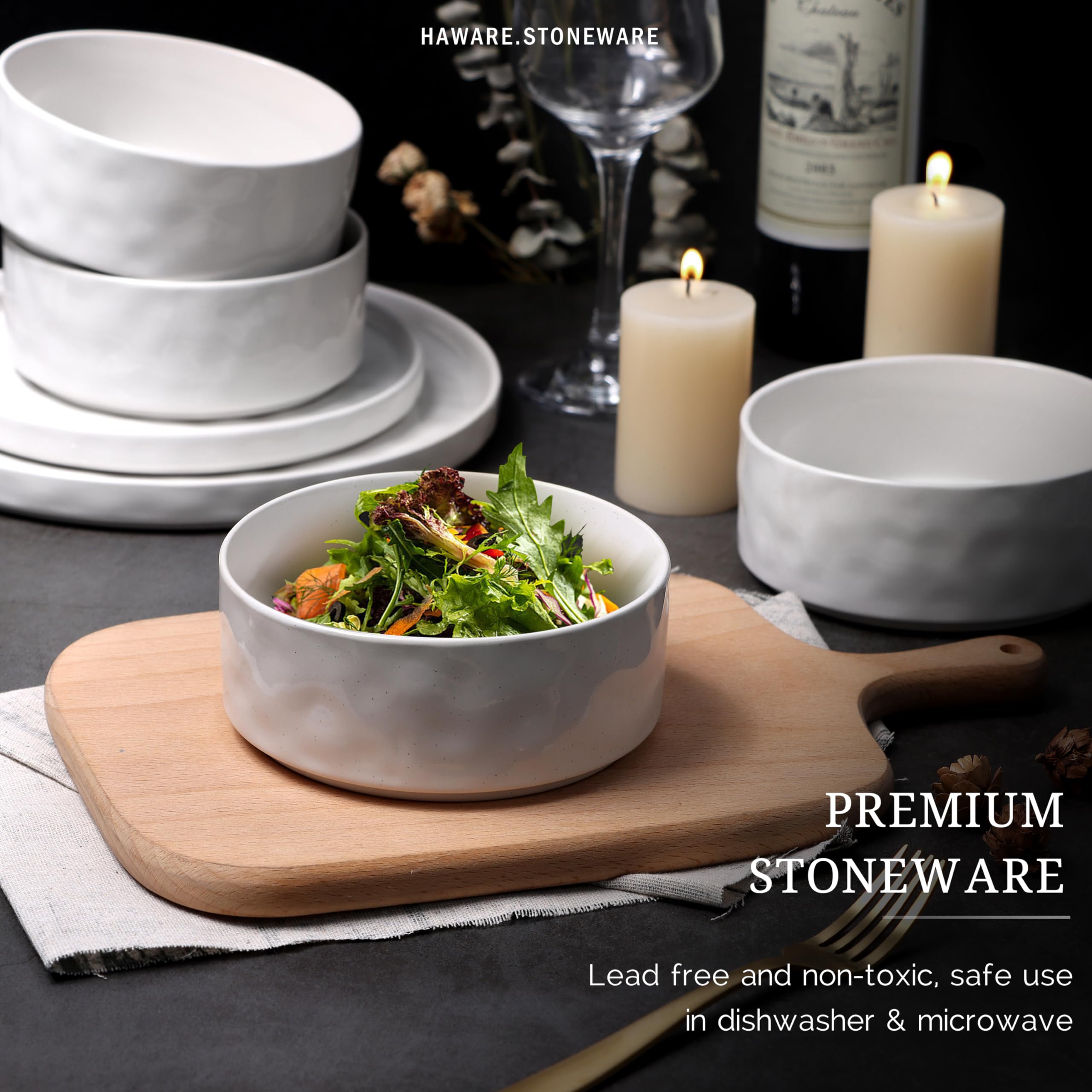 HaWare 16-Piece Stoneware Dinnerware Set - Elegant Ceramic Plates & Bowls for 4 - Chip/Scratch Resistant - Microwave & Dishwasher Safe - Speckled White Tableware - Perfect for Family Dinners, Parties & Restaurant Use